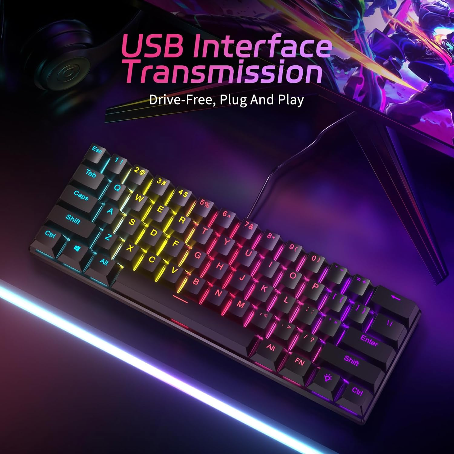 Smliekate 61-Key Mechanical Keyboard, Red Axis Compact Mini Wired Keyboard, 17 Kinds of Colorful Backlight Effect, for PC, Mac E-Sports Portable. (Black) image number 3