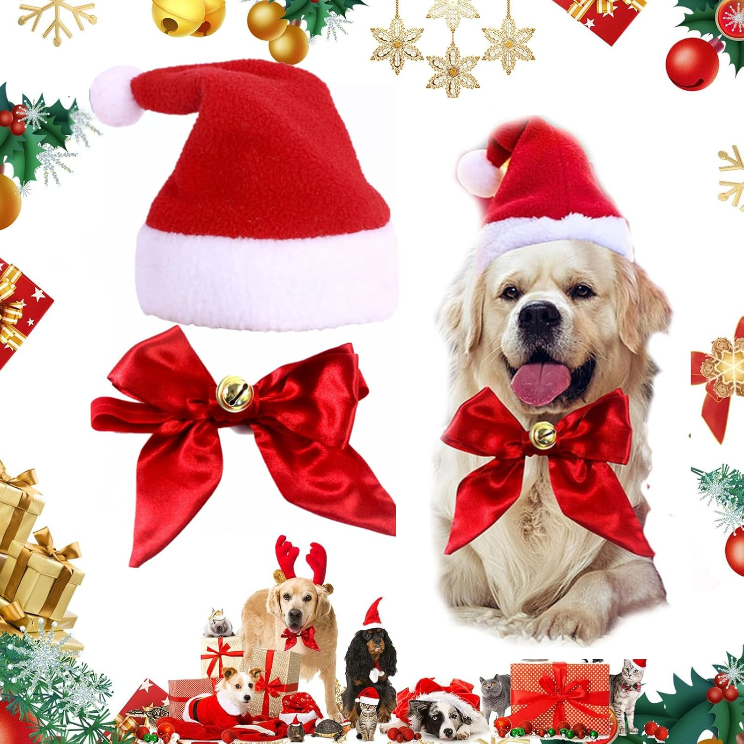 Pack of 2 Christmas Dog Costume, Cat Costume, Christmas Hats for Cats, Christmas Pet Collar, Dogs Cats, Christmas Hats and Bow Tie Collar, for Pets, Red image number 6