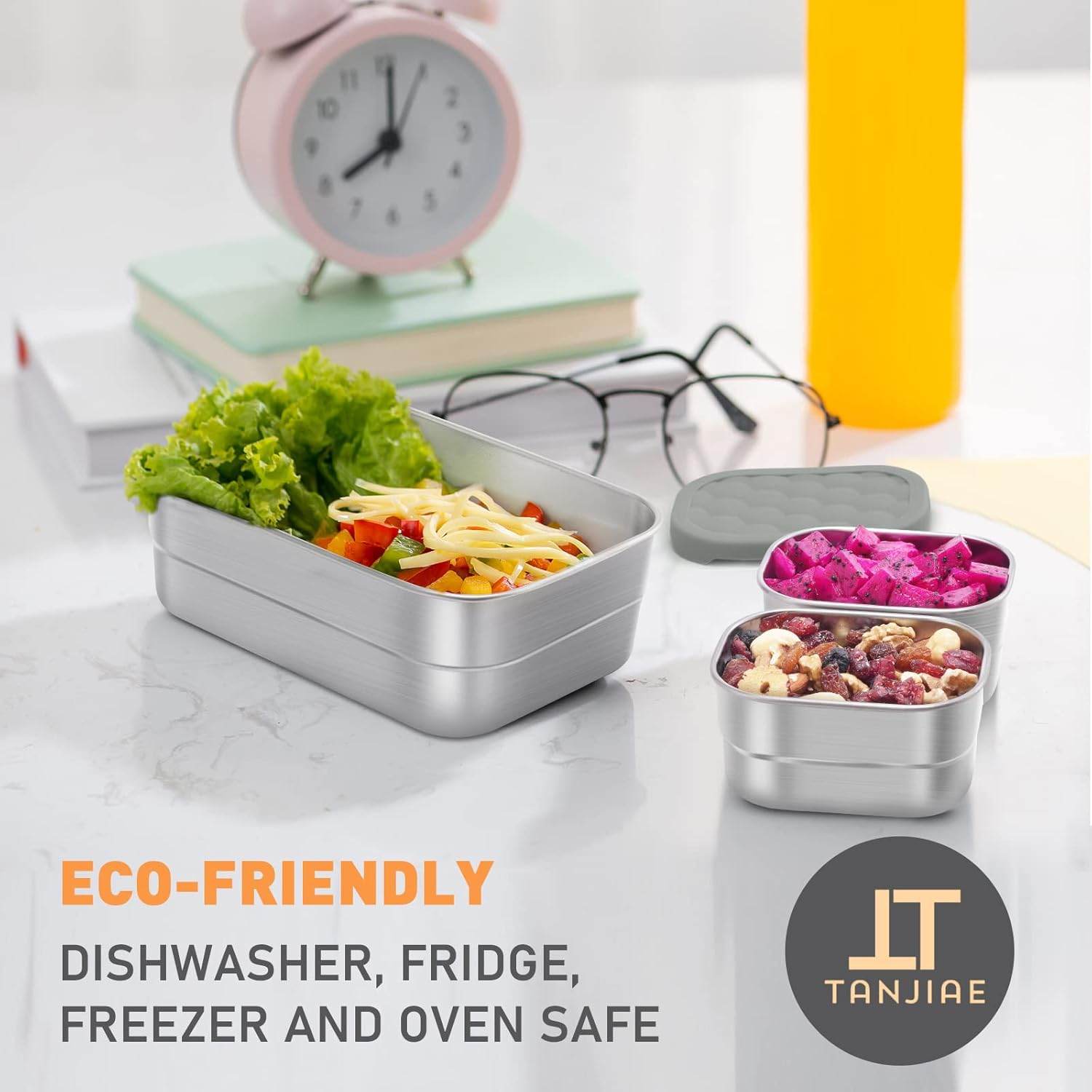 3 Cup+1 Cup Stainless Steel Lunch Snack Containers Set | Leak Proof 304 Stainless Steel Food Containers with Silicone Lids - Perfect Metal Lunch Box for School and Daycare (25Oz+8Oz*2) - Green Lunch Containers For Kids image number 7