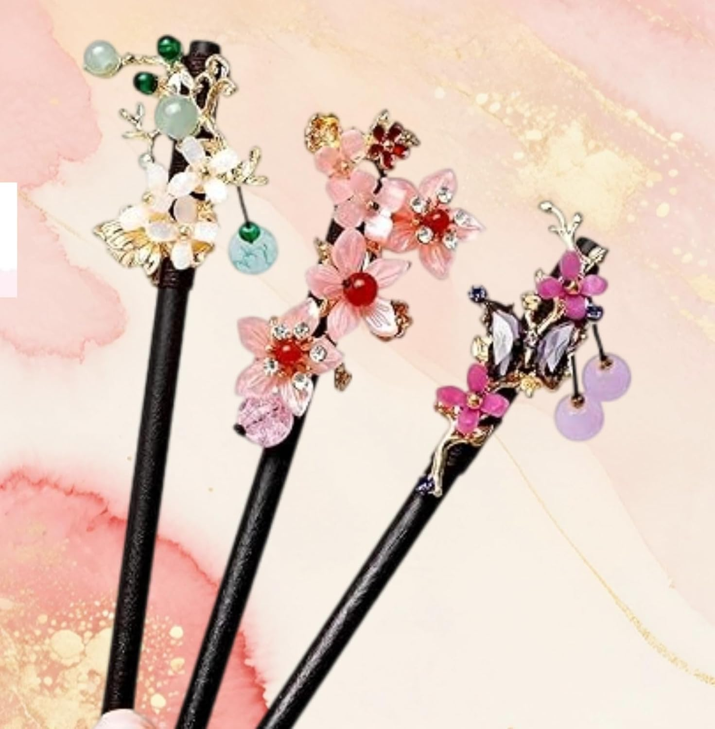 Auswalar 3 PACK Wooden Hair Sticks Chinese Traditional Flower Hair Sticks with Bead Vintage Wooden Vintage Asian Hair Pin Japanese Kanzashi Handmade Headpiece for Women Girls image number 1