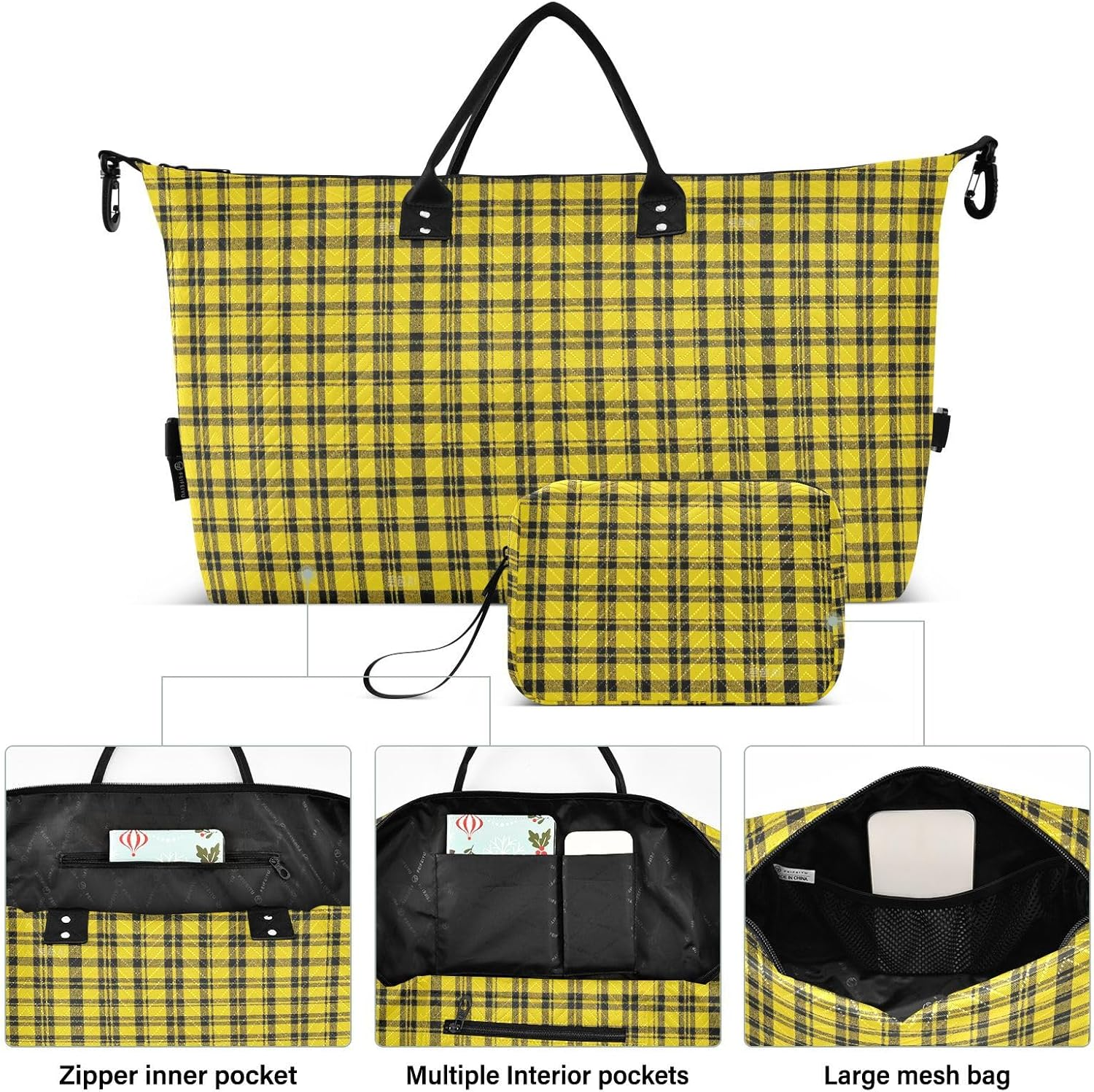 Large Bag Travel Weekender Gear Bag Gym Bag with Adjustable Strap for Airplane Traveling Large Capacity, Yellow Buffalo Plaid Checked image number 6