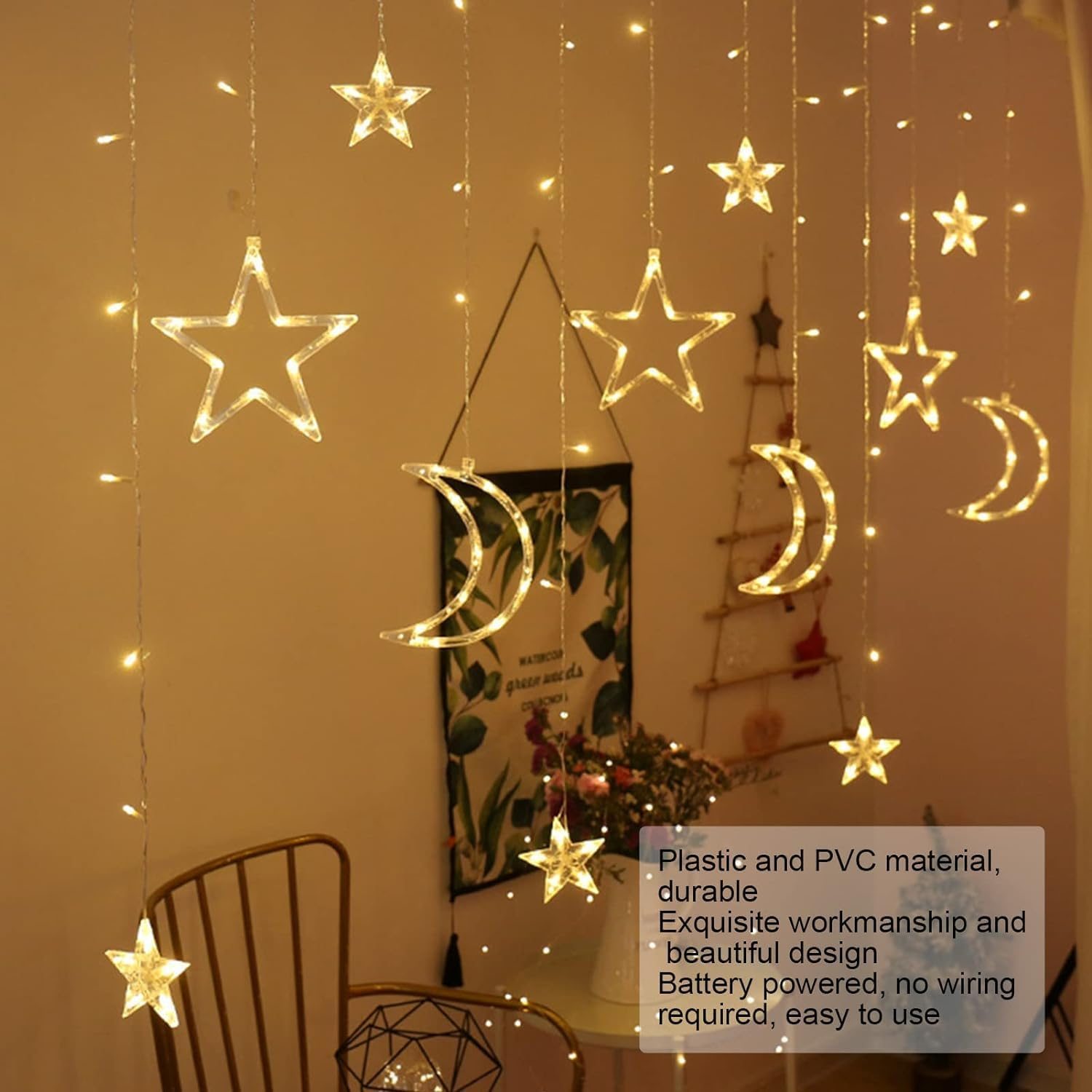126 LED Star Lights, 3M Powered Twinkle Star Moon Fairy Lights, Curtain String Lights for Ramadan Window Wedding Garden Christmas Decoration (Warm White) image number 1