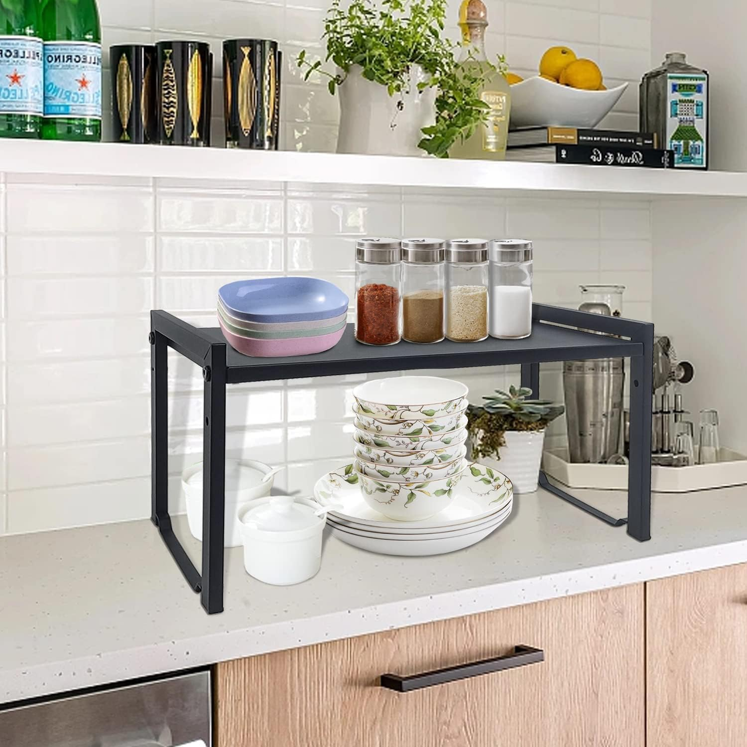 Zenmaarket Expandable Counter Shelf Organiser, 2 Pack, Black M, Minimalist Style, 2 Shelves, Metal, Adjustable & Expandable, 66 Cm (L) X 20 Cm (D) X 18 Cm (H), 20 Kg Capacity image number 3