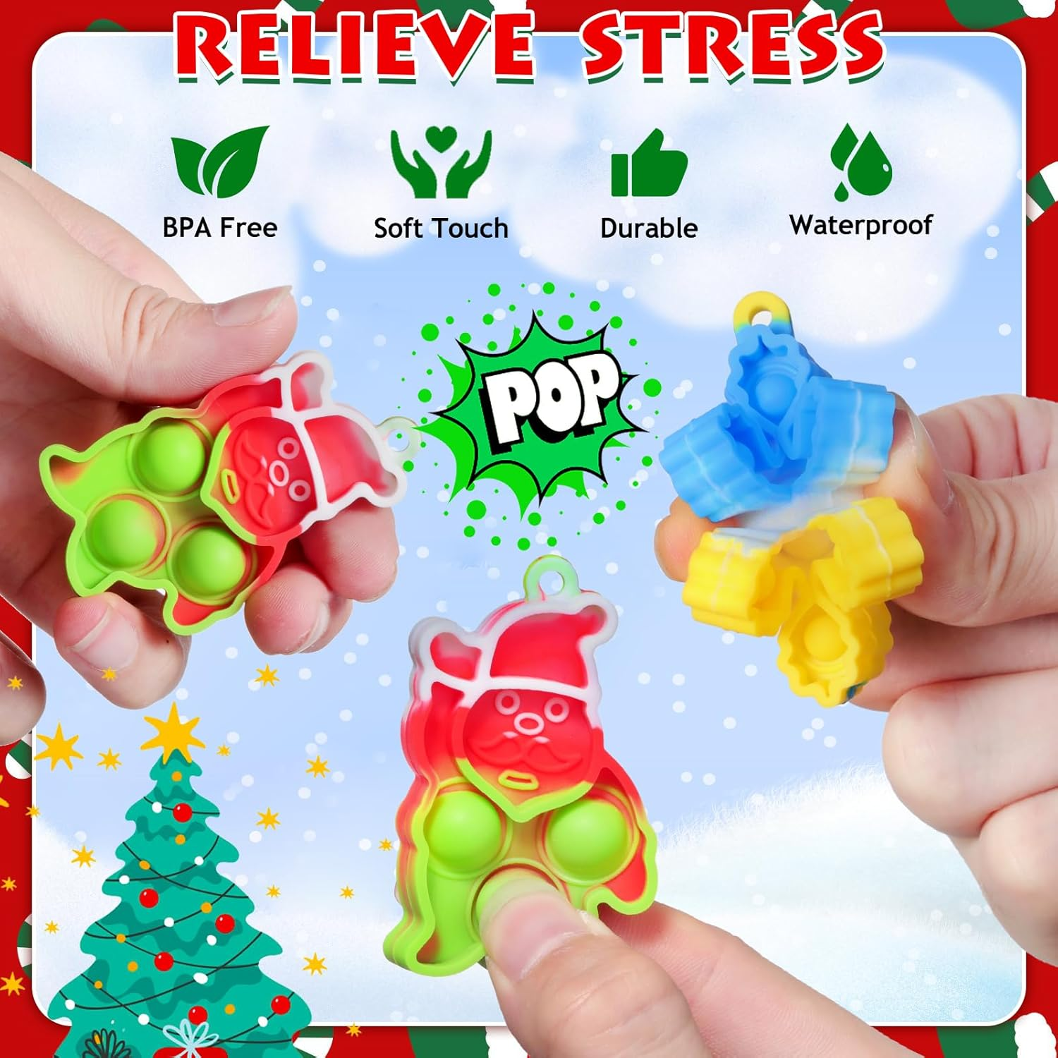 32 PCS Pop Fidget Keychain Toys: Stress Relief Silicone Bubble Sensory Toys - Party Favors for Kids 8 - 12 - Birthday Gifts Christmas Tree Stocking