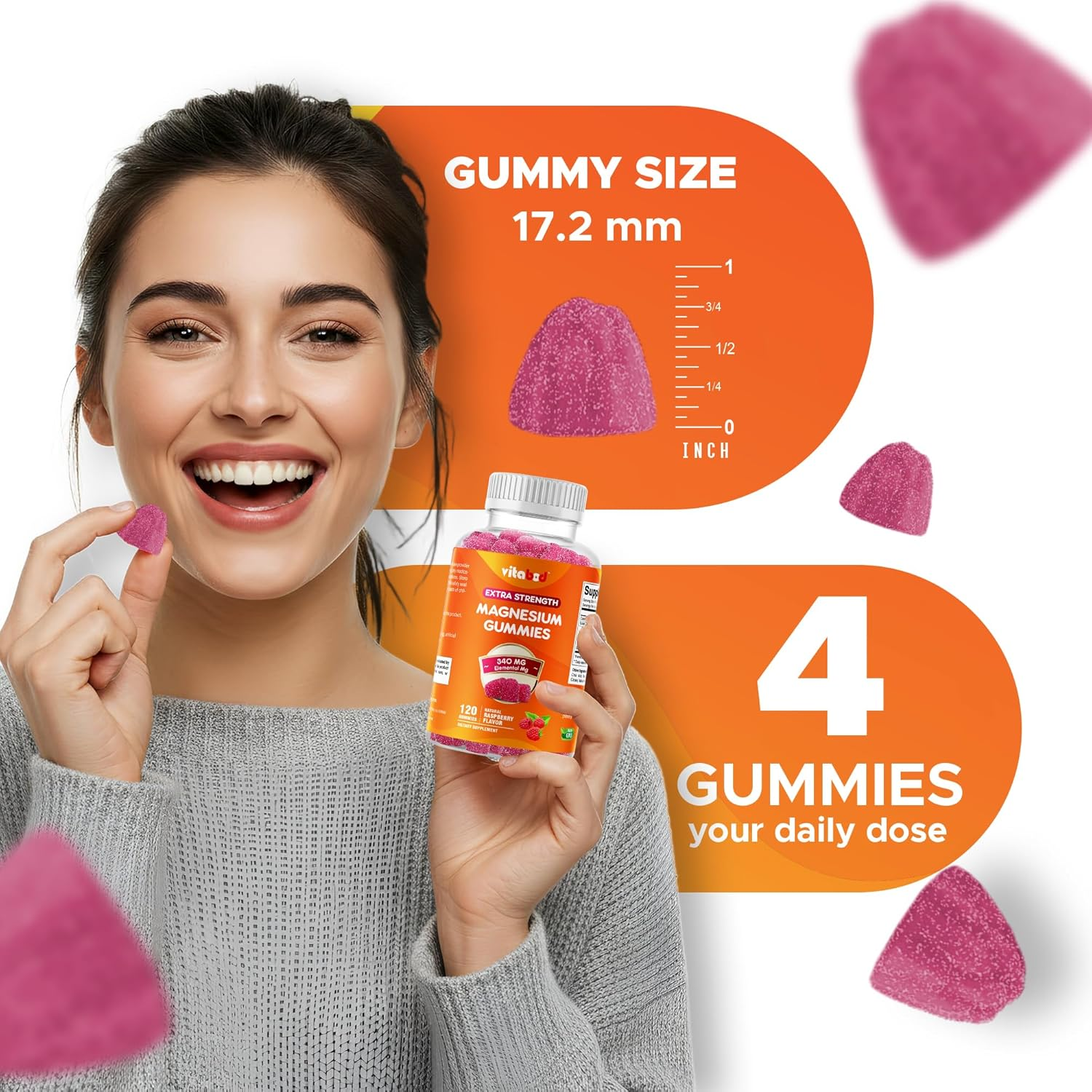 Extra Strength Magnesium Gummies, Supports Nerve Health, Bone Health, Muscle Health - 120 Gummies - (340 Mg of Elemental Magnesium from 2896 Mg of Magnesium Citrate / 4 Gummies) image number 2