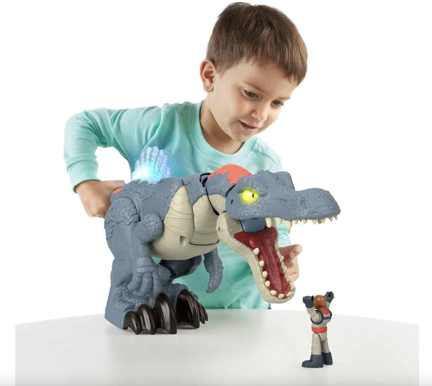 Imaginext Fisher-Price Imaginext Jurassic World Dinosaur Toy Ultra Snap Spinosaurus with Lights Sounds & Chomping Action plus Figure for Ages 3+ Years image number 3