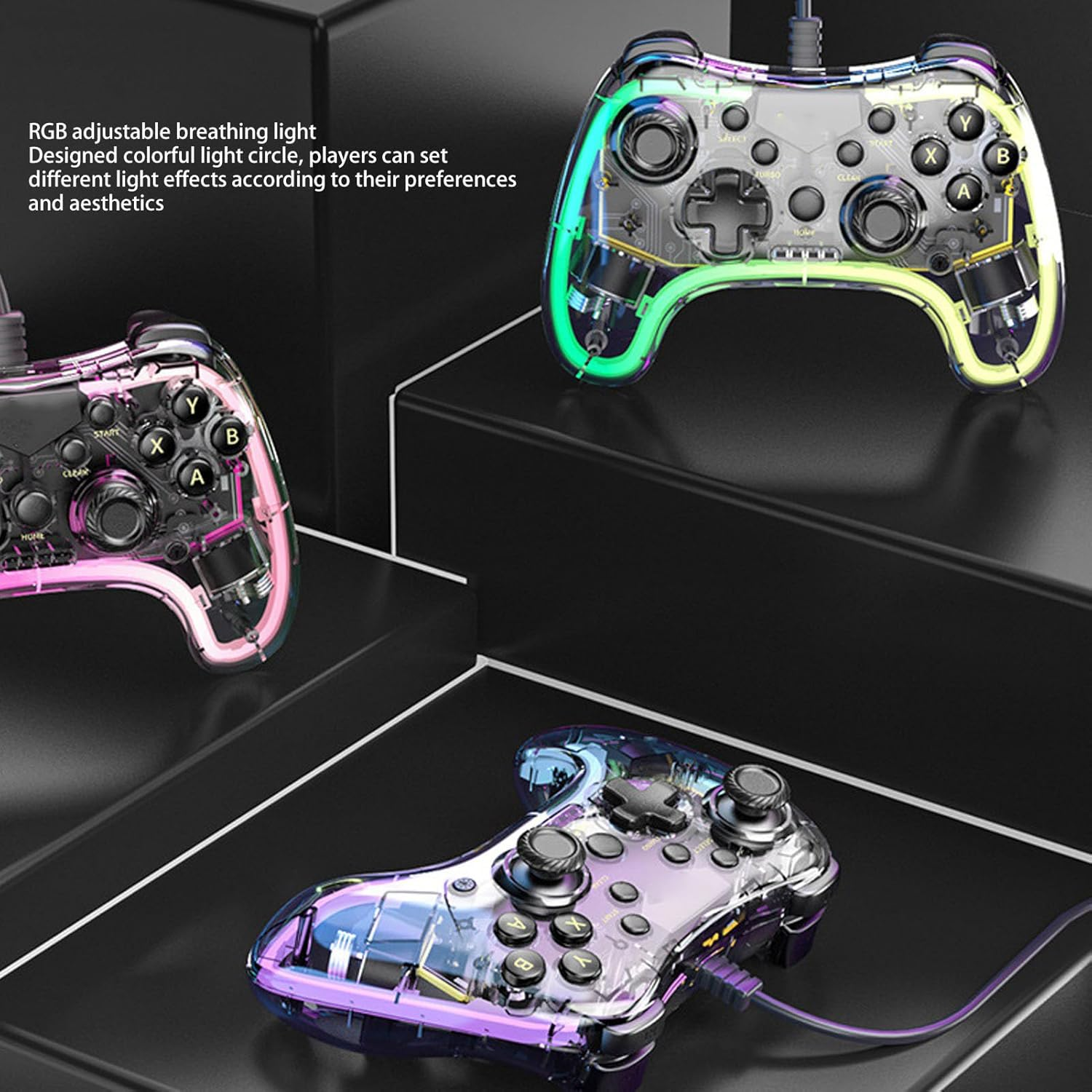 Wired Controller for Switch, PC, PS3, IOS, OS X, Wired Game Controller with RGB Light, 6 Axes Gyroscope Burst Wake up Function Transparent Gamepad for Switch for PS3 PC image number 3