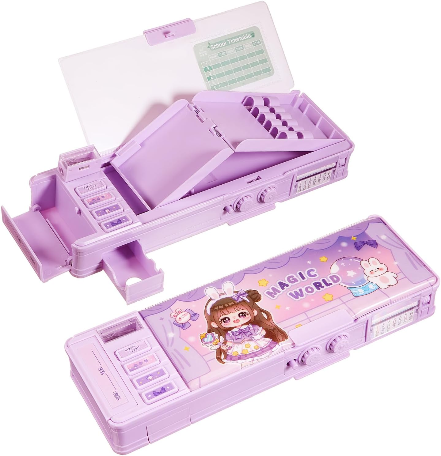 Pop up Multifunctional Pencil Case Organizer Cartoon Pen Box Pencil Box with Password Lock, Sharpener, Schedule, Whiteboard, Christmas Birthday Stationery Gifts for Teen (Purple,Magic World) image number 5