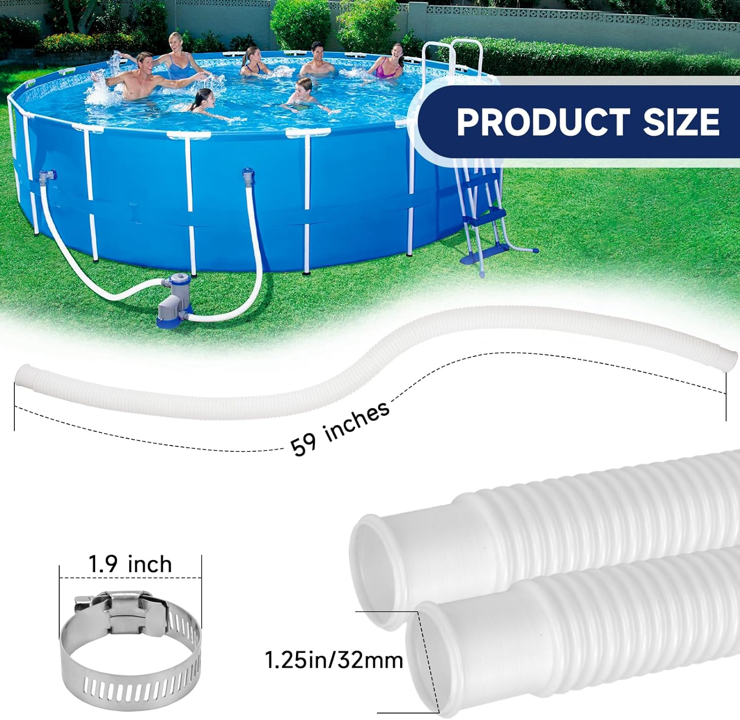 Replacement Pool Hose,4 Pack 1.25" Diameter Accessory Pool Pump Replacement Hose 59&rdquo; Long for above Ground Pools - Filter Pump Hose Bundled with 8 Metal Clamps (4)