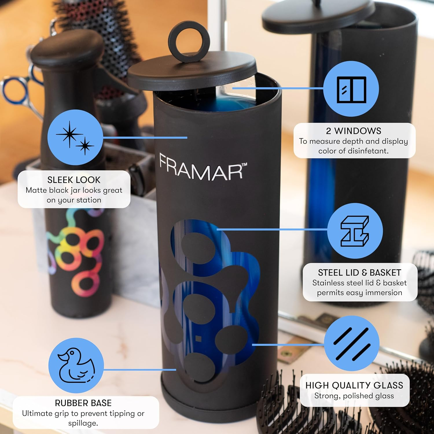 FRAMAR Disinfectant Jar for Salon - Barber Disinfectant Jar, Spa Jar, Disinfecting Jar, Barber Jar, Hair Disinfectant Liquid, Salon Disinfectant Jar, Desinfectante Jar, Barber Accessories &ndash; Matte image number 1