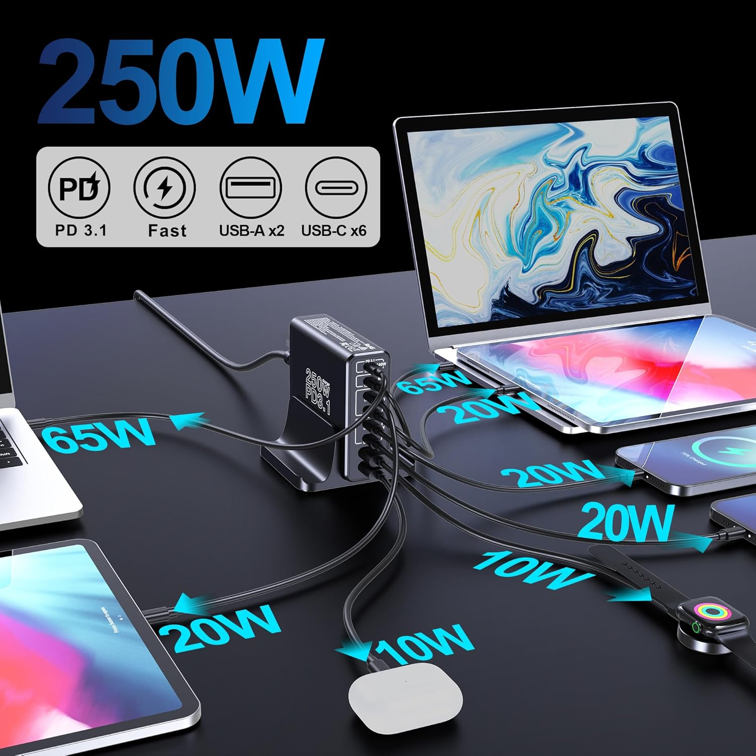 Aftertop 250W USB C Charger, 8-Ports PD3.1 140W Fast Charging Station, Compact Laptop Gan Charger for Macbook Pro, Ipad, Iphone 16 15 Pro Max, Galaxy S24Ultra, Pixel and More