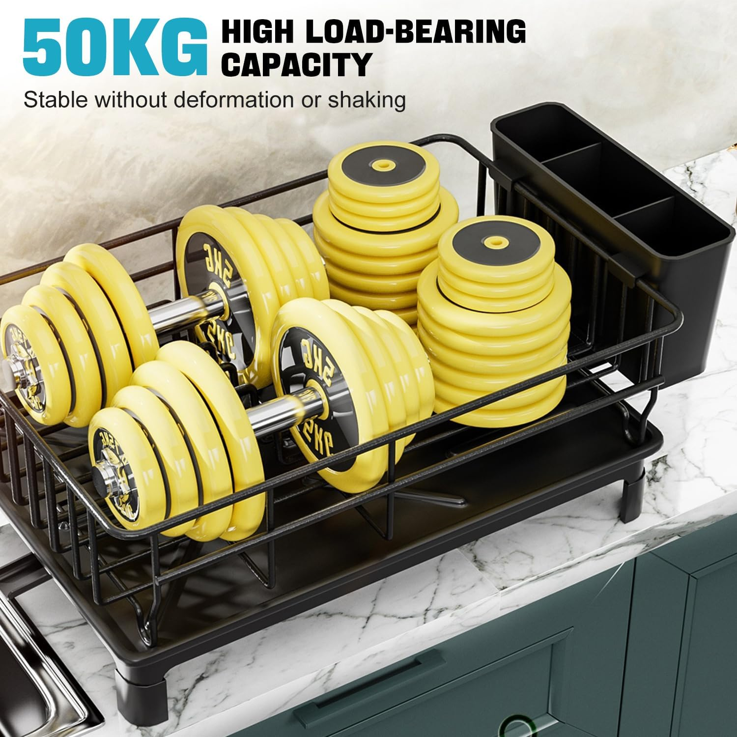 Dish Drying Rack, Dish Racks with Drain Board and 360&deg; Rotating Nozzle for Kitchen Counter Sink Carbon Steel Rustproof, Strong Carbon Steel Dish Drainer for Kitchen Storage & Organisation (Black) image number 3