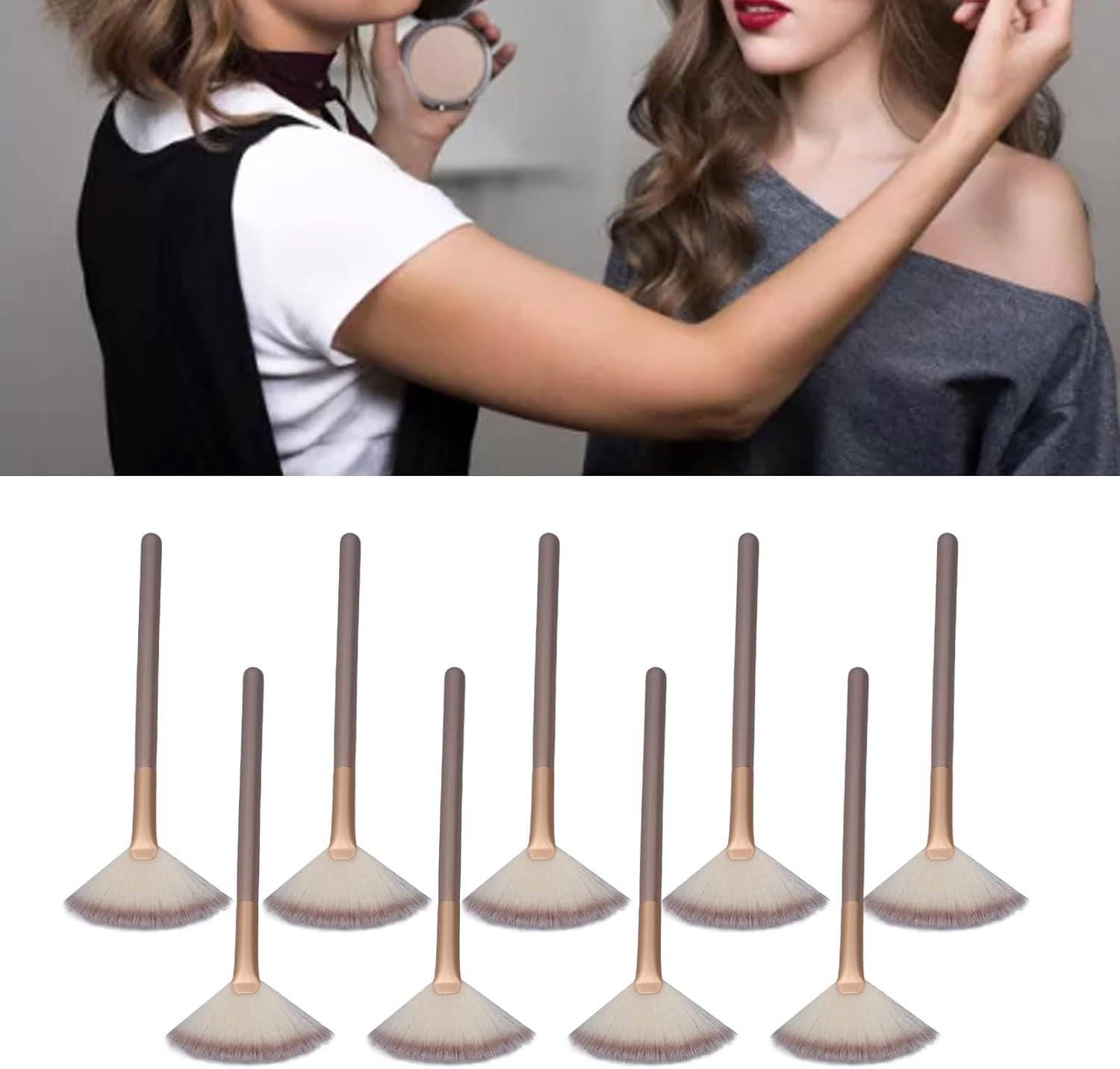 Ejoyous 9PCS Champagne Color Facial Fan Makeup Brush Set, Soft Fiber Bristles Aluminum Ferrule, Anti-Wear & Deformation, High Powder Pickup & Blending for Setting/Blush/Loose Powder image number 1