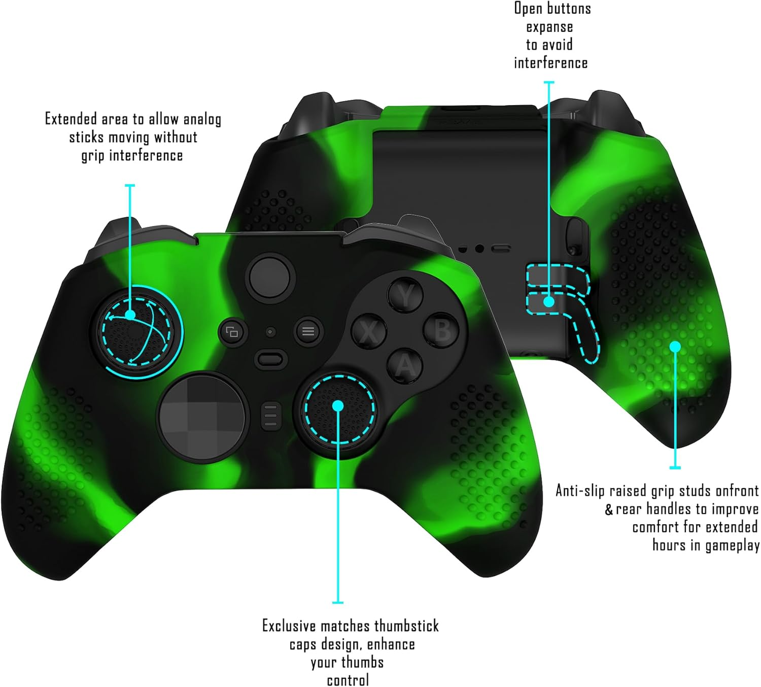 Extremerate Playvital Green & Black Soft Anti-Slip Silicone Cover Skins for Xbox One Elite Controller Series 2, Custom Protective Case for Xbox Elite Series 2 Core Controller with Thumb Grips - Black image number 2