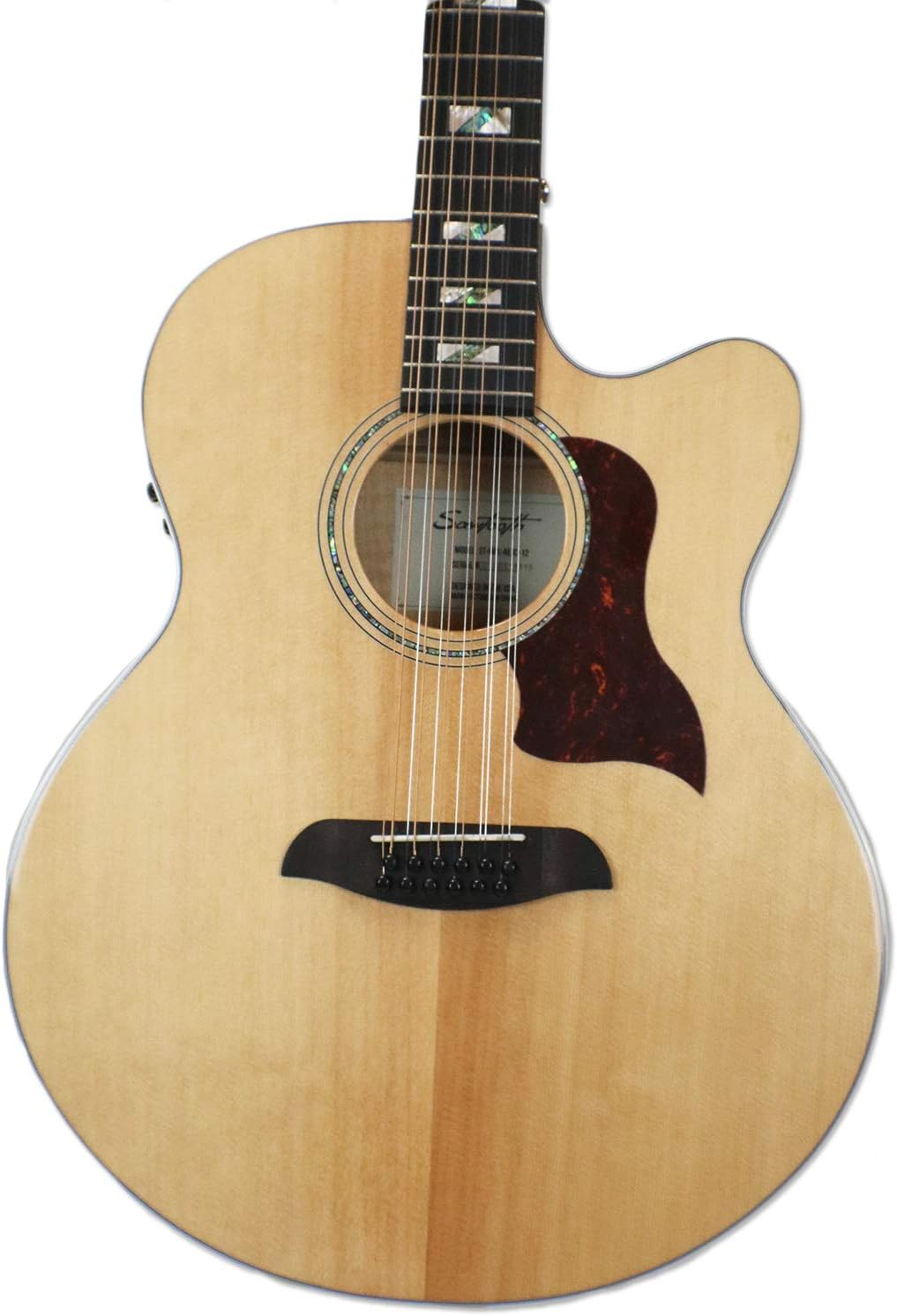 Sawtooth Solid Spruce Top Jumbo Cutaway 12 String Acoustic Electric Guitar with Flame Maple Back and Sides Right-Handed