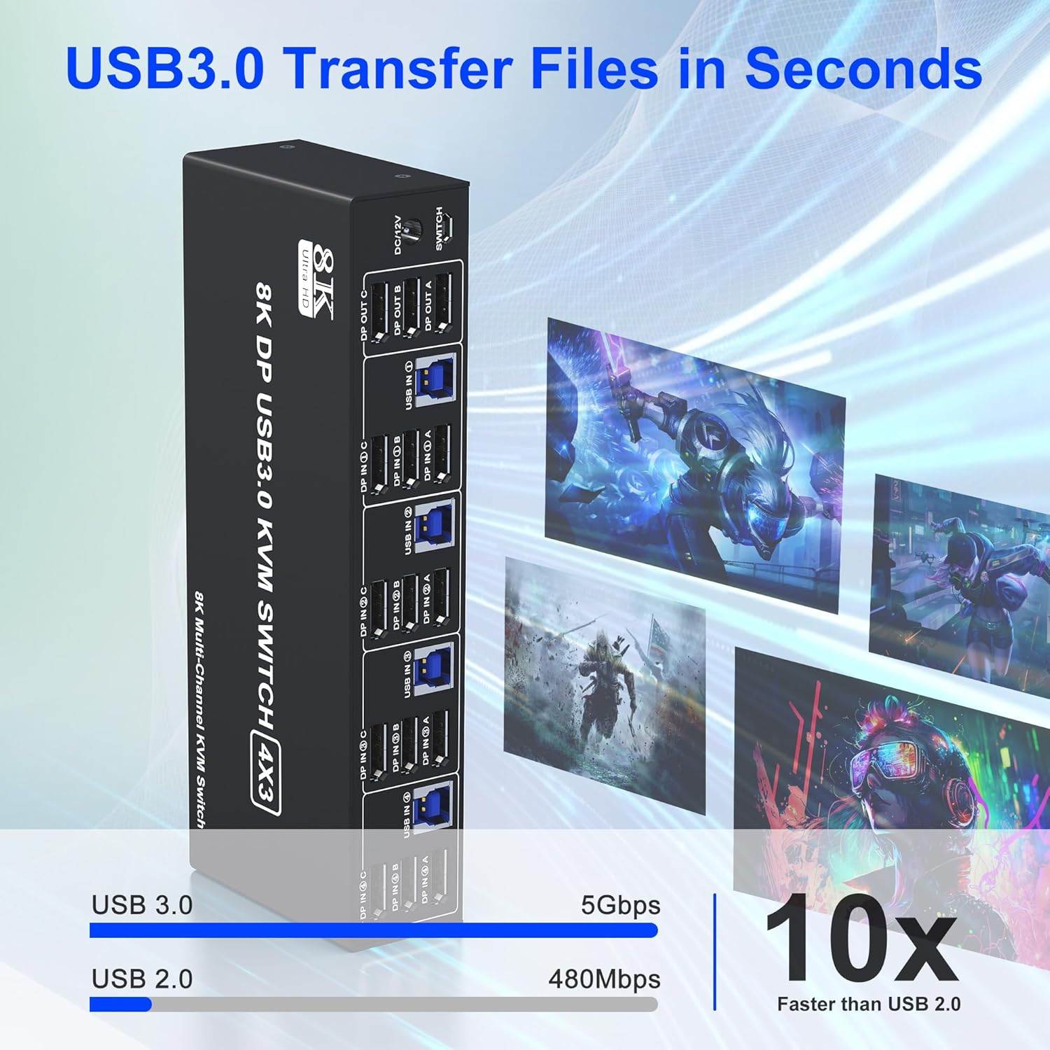 8K@60Hz Displayport KVM Switch 3 Monitors 4 Computers 4K@144Hz, DP 1.4 KVM Switch Triple Monitor for 4 Computer with Audio and 3 USB 3.0 Ports, KVM Triple Monitor Keyboard Mouse Switcher