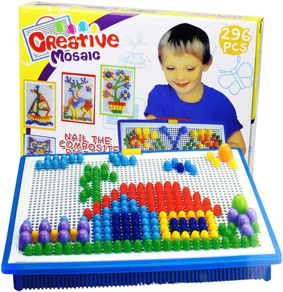 296Pcs Mushroom Nails Pegboard, Educational Colourful Mushroom Nails Jigsaw Puzzle Building Bricks, Creative DIY Mosaic Toys, Birthday Girls Boys