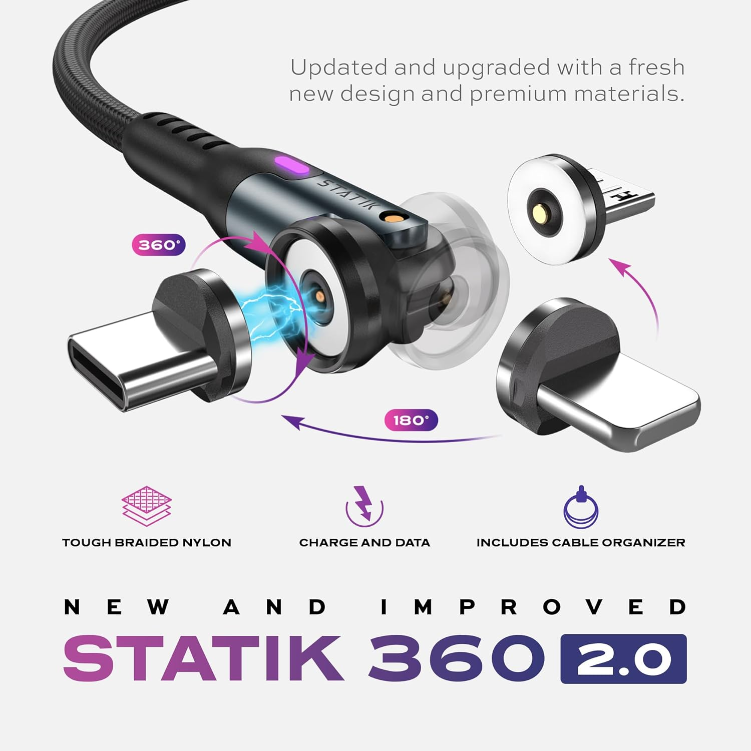 STATIK 360 Magnetic Phone Charger | Magnetic USB C Charging Cable | 3-In-1 Magnetic Charger Cable for All Devices | Iproduct, Micro-Usb, USB-A & USB C Magnetic Charging Cable | Black, 6FT/2M image number 6