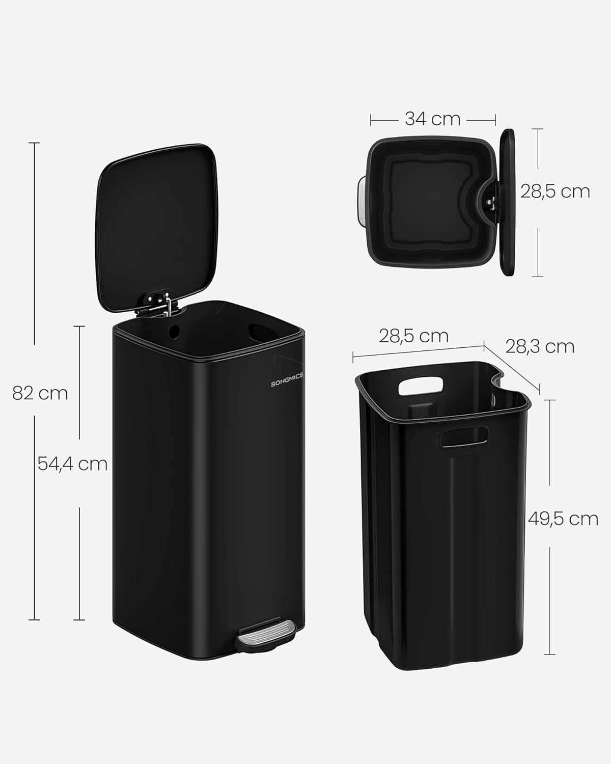 SONGMICS Kitchen Trash Can 30 Litre Trash Bin Pedal Bin Steel with Inner Bucket Soft Close Hold Function Ink Black LTB593B02 image number 6