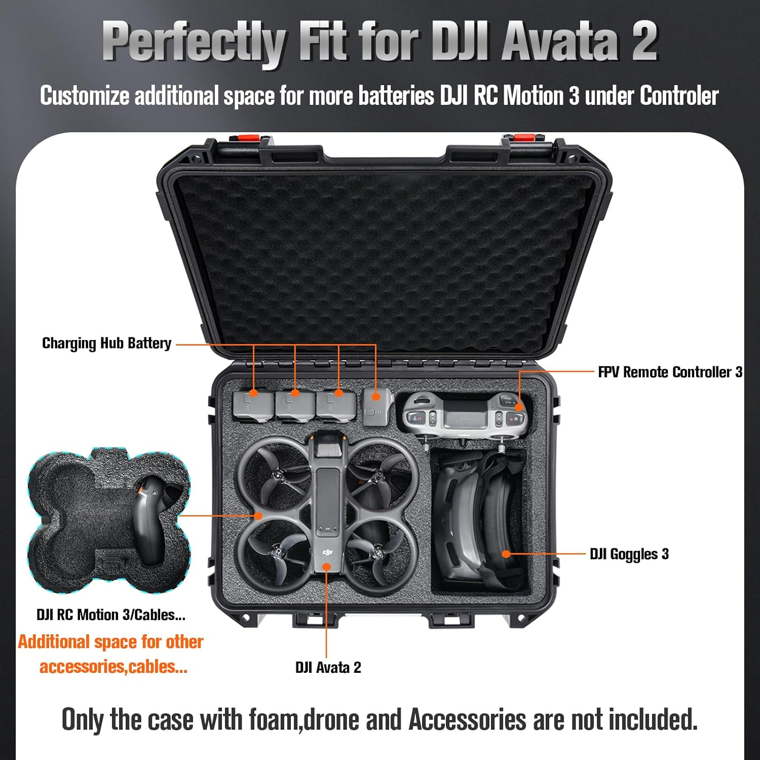 Case for DJI Avata 2 Drone Combo - Hard Case with Foam for DJI Avatar 2 Fly More Combo/Goggles 3/RC Motion 3/FPV Remote Controller, Waterpoof Carrying Case Fits for DJI Avata 2 Accessories (Only Case) image number 2