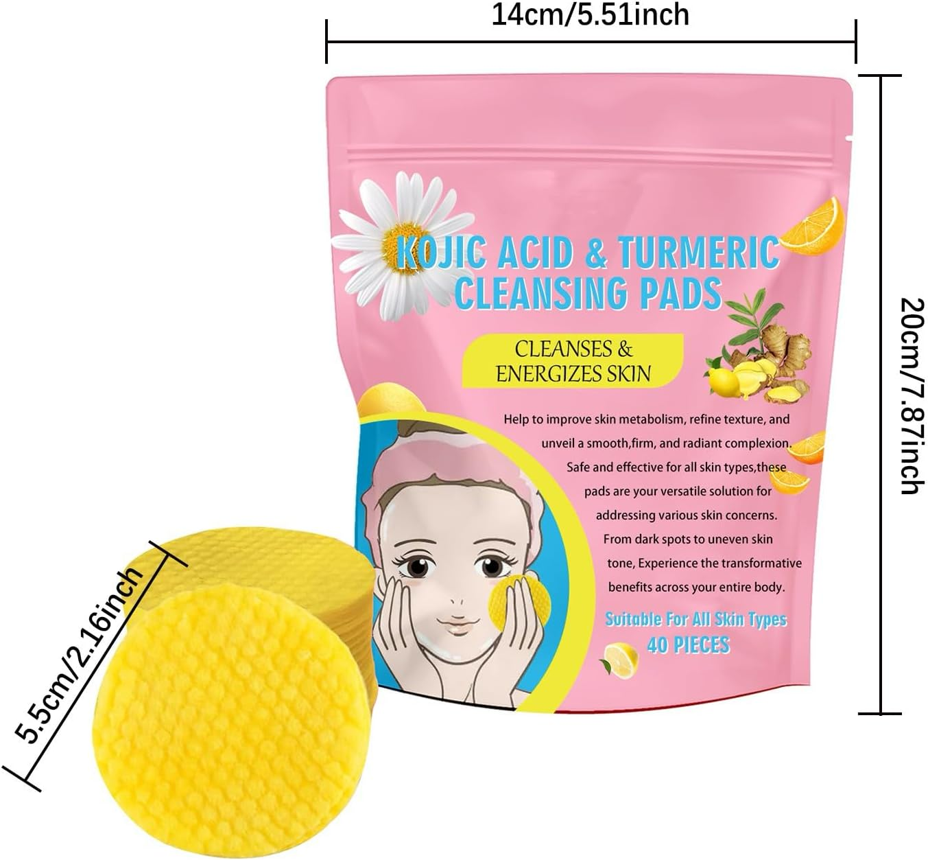 Turmeric Kojic Acid Pads, Kojic Acid and Turmeric Pads, Face Scrub Pads, Turmeric Cleansing Pads for Face, Essentials Kojic Acid Turmeric Pads for Cleansing and Exfoliating (80PCS)