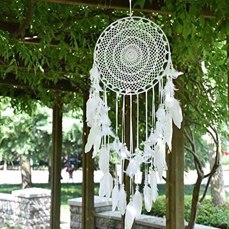 Easybravo Large Boho Dream Catcher with White Feather Macrame Wall Hanging for Vintage Wedding Home Decorations 13.7In Circle 45.3In Long - White image number 3