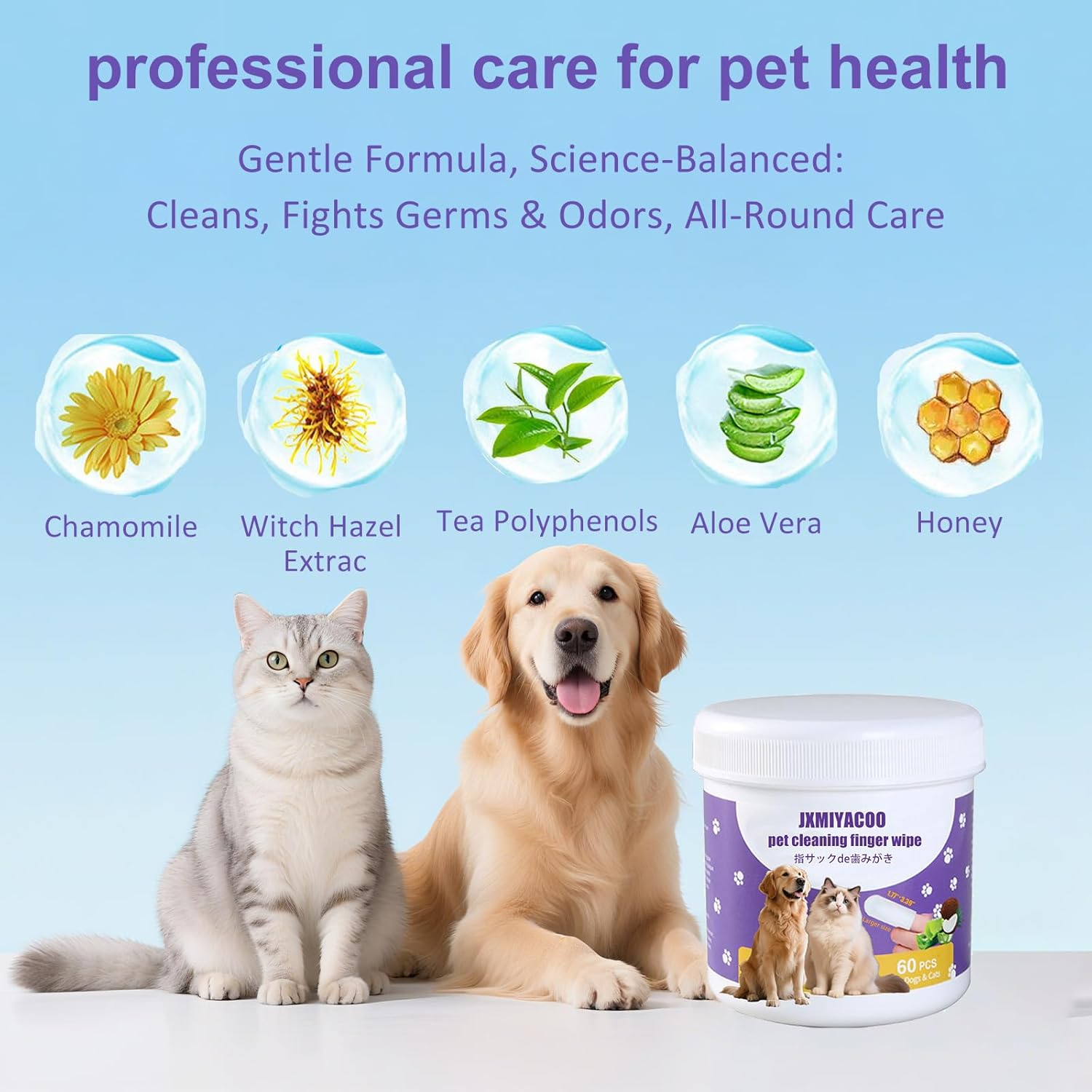 JXMIYACOO Pet Dental & Body Wipes for Dogs & Cats &ndash; Chamomile & Coconut Oil Formula Freshens Breath, Cleans Paws & Tear Stains &ndash; 60 No-Rinse Finger Wipes image number 2