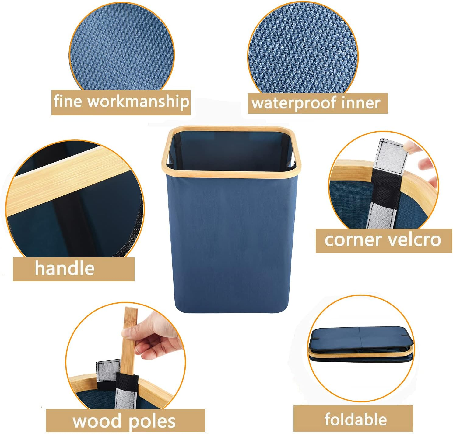 ALINK Folding Large Bamboo & Canvas Laundry Hamper- Single Laundry Basket with Lid - Modern Collapsible Hamper with Handles, Waterproof Liner, Great for Bedroom, Bathroom, Living Room-Blue image number 3