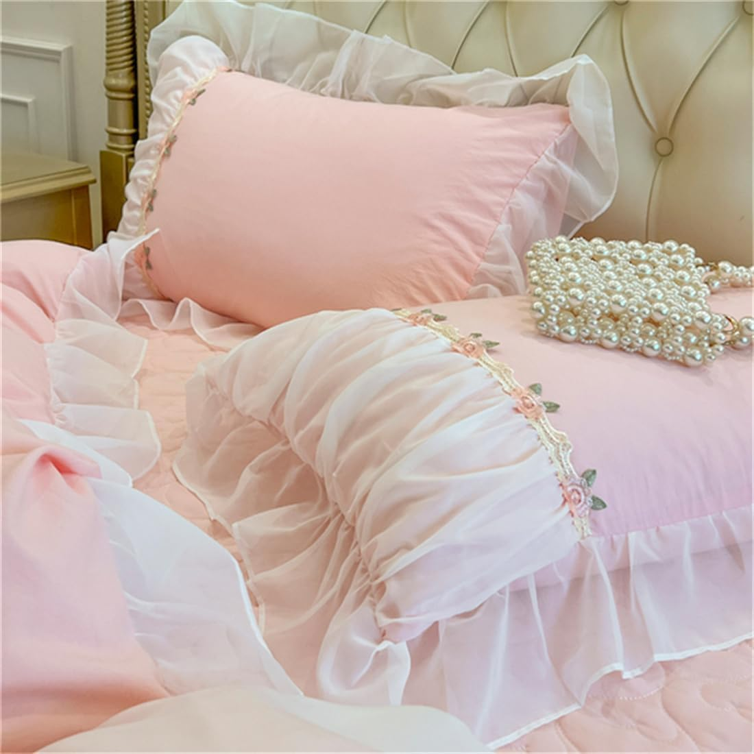 MOOWOO Pink Bedding-Romantic Ruffle Lace Bedding Set 3 Piece Comforter Queen Duvet Cover with Zipper Closure,Coquette Room Decor-Pink,Queen Size image number 5