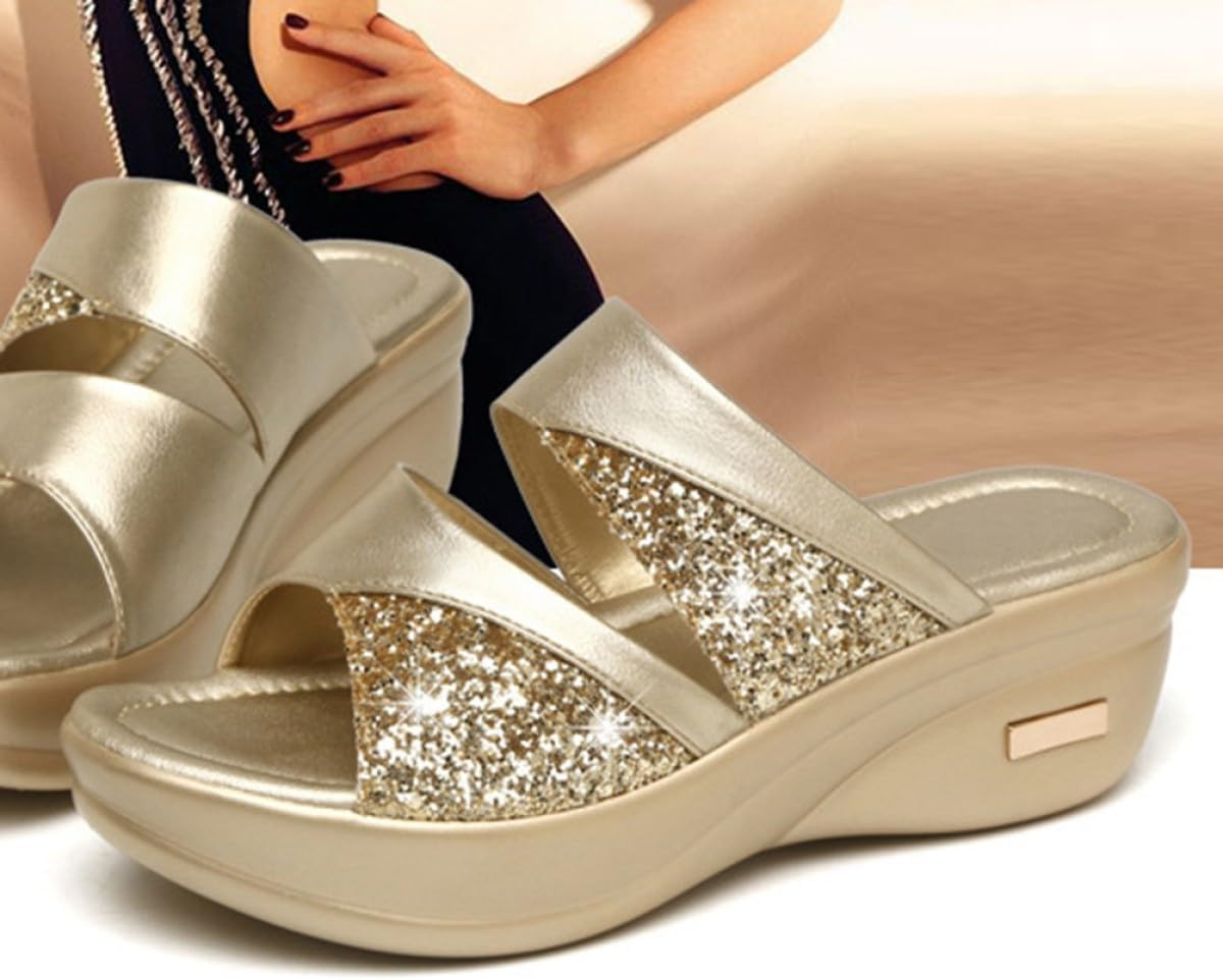 GALPADA Women Summer Wedge Slippers with Thick Sole, Fish Mouth Open Toe Casual Sandals for Outdoor Wear, Gold Color Size 41 Comfortable Mom Shoes image number 6