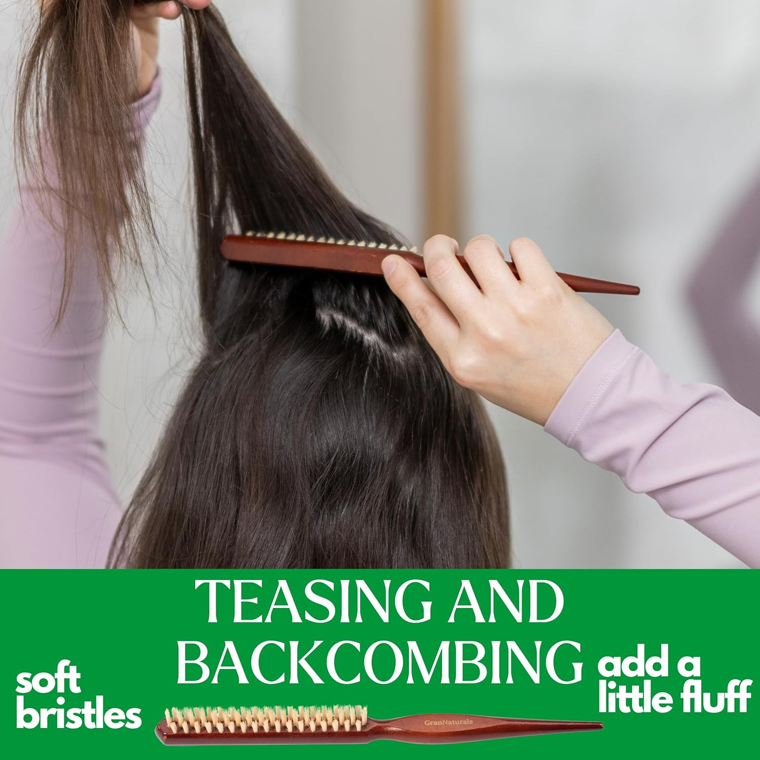 Grannaturals Soft Boar Bristle Teasing Brush for Slick Back Hair, Backcombing, Edge Control, Smoothing Baby Hairs to Create Volume and Sleek Hairstyle - White Bristles - Wooden Rat Tail Comb Handle image number 1