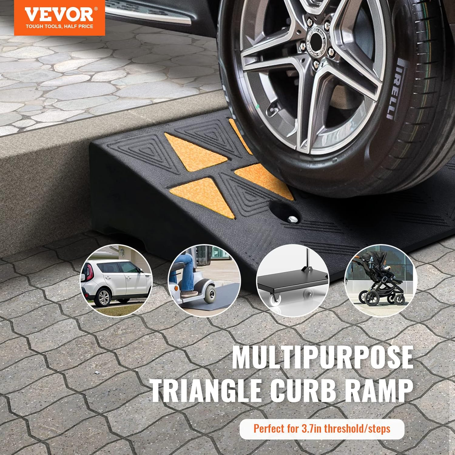 VEVOR Rubber Curb Ramp 9.4 Cm Rise Height Sidewalk Curb Ramp, 25 Cm Width 100 Cm Length Driveway Ramp for Curb, 15T Heavy Duty Rubber Ramp for Forklifts, Trucks, Buses, Cars, Wheelchairs, Bikes image number 5