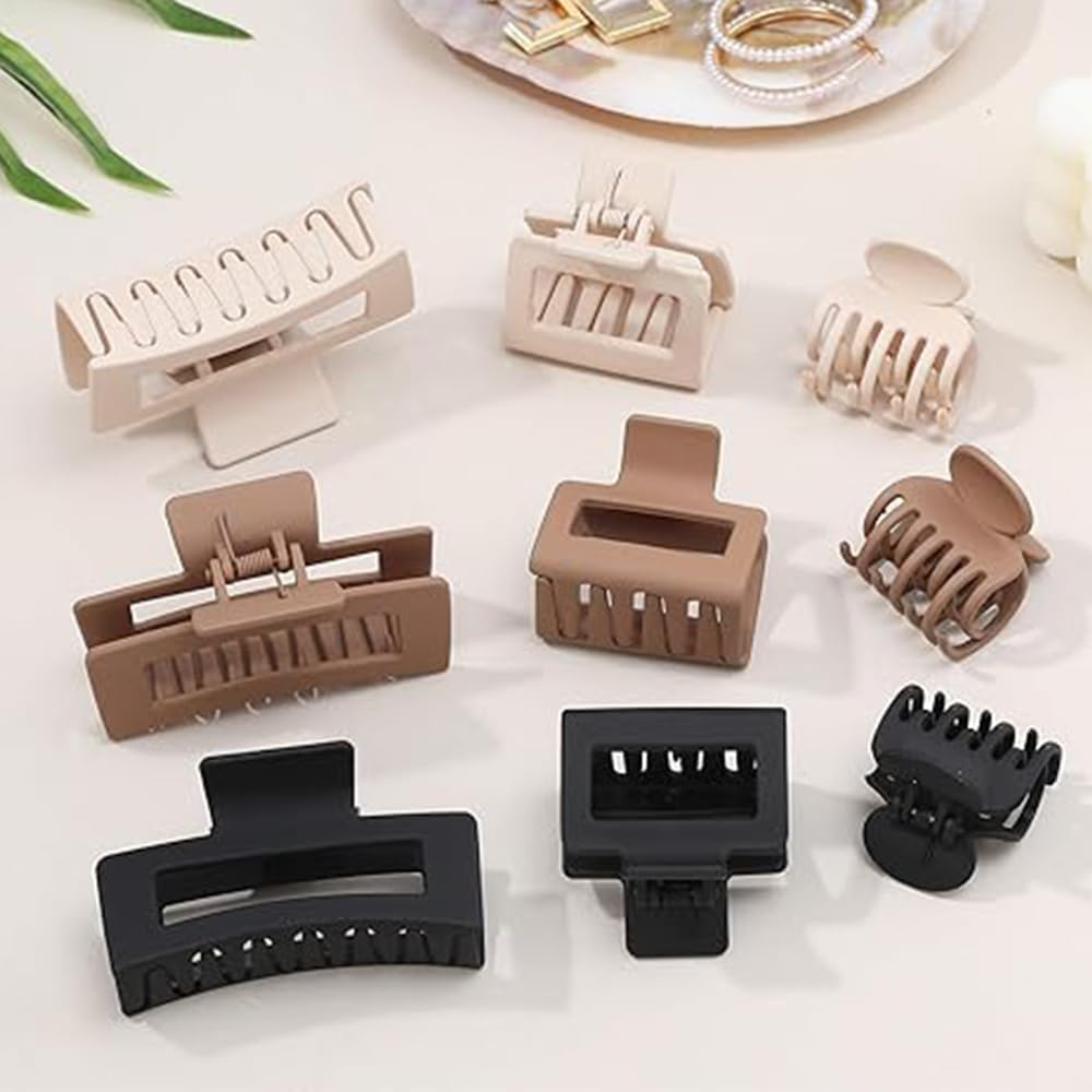 Medium Hair Claw Clips Set for Women Girls - 3 Styles, 9Pcs Rectangle Square and Double Row Teeth Hair Clips for Thick Thin Hair - Nonslip Jaw Clips (Beige, Brown, Black) image number 3