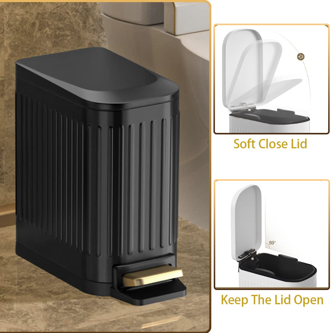 Small Bathroom Trash Can with Lid Soft Close, 6 Liter Pedal Bin, Stainless Steel Slim Garbage Bin with Inner Bucket for Bedroom, Office, Kitchen (Black) image number 4