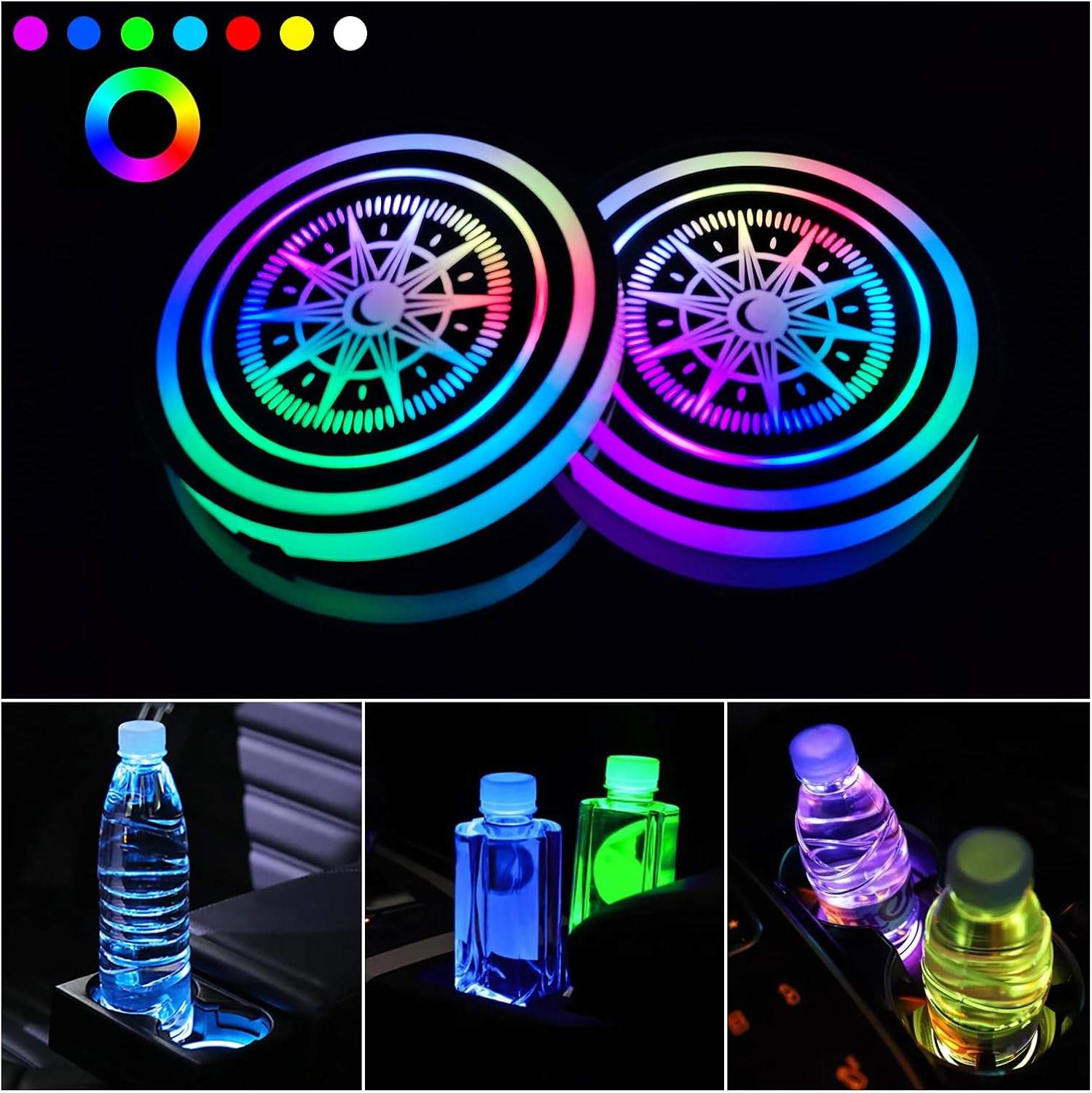 Led Cup Holder Lights for Car,2 PCS 7 Colors Changing Led Car Coasters,Usb Charging Car Atmosphere Lamp,Cup Holder Lights for Car Decoration