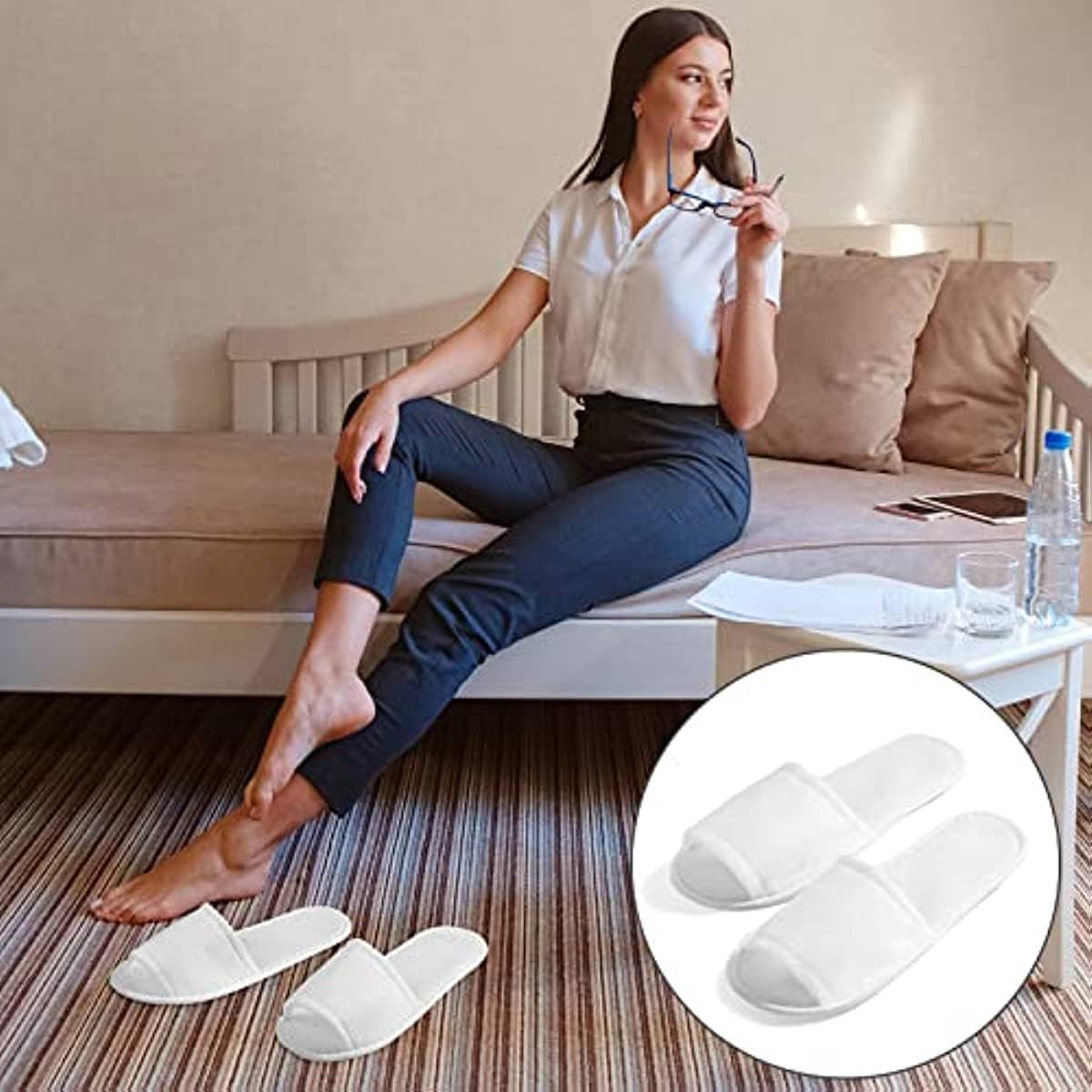 20 Pairs Open Toe Disposable Slippers Non-Slip Spa White Hotel Guest Unisex Travel for Women Men Home Massage image number 4