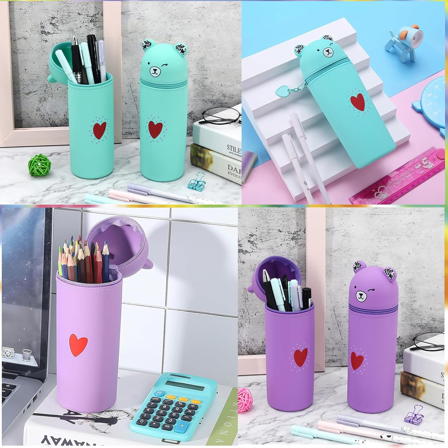 Cute Bear Style Large Stand up Pencil Case, Silicone Pouches Big Capacity Pencil Case, Cup Pencil Case in Soft Silicone, Animal Pencil Pouch Holder for Kids Students Adults School Office