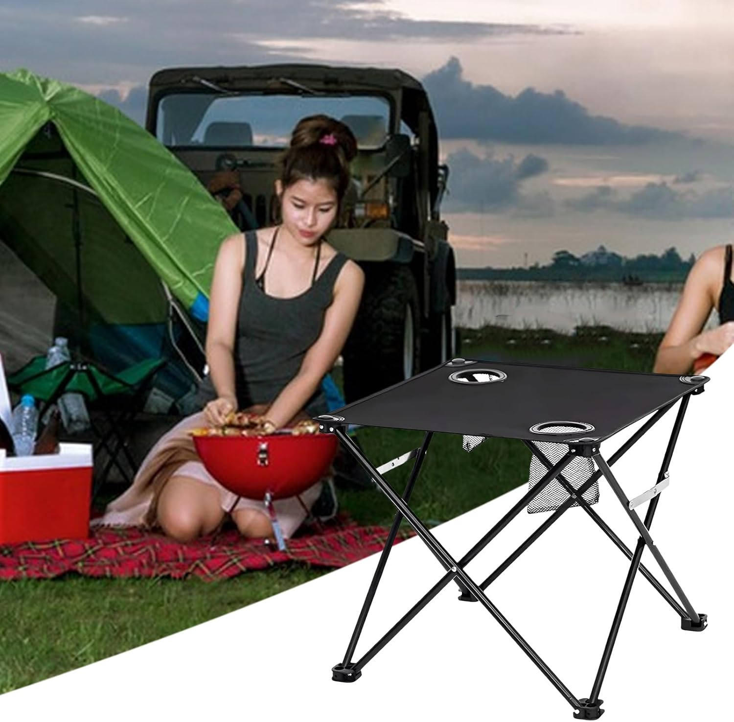 Portable Camping Table | Small Folding Table with 2 Cup Holders, Outdoor Portable Compact Design Lightweight Hiking Travel Fishing Picnic Patio Balcony Garden Home Dining Camping Gear