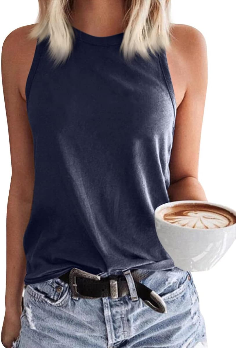 Fisoew Womens' Crewneck Sleeveless Summer Casual Loose Fit Basic Shirts