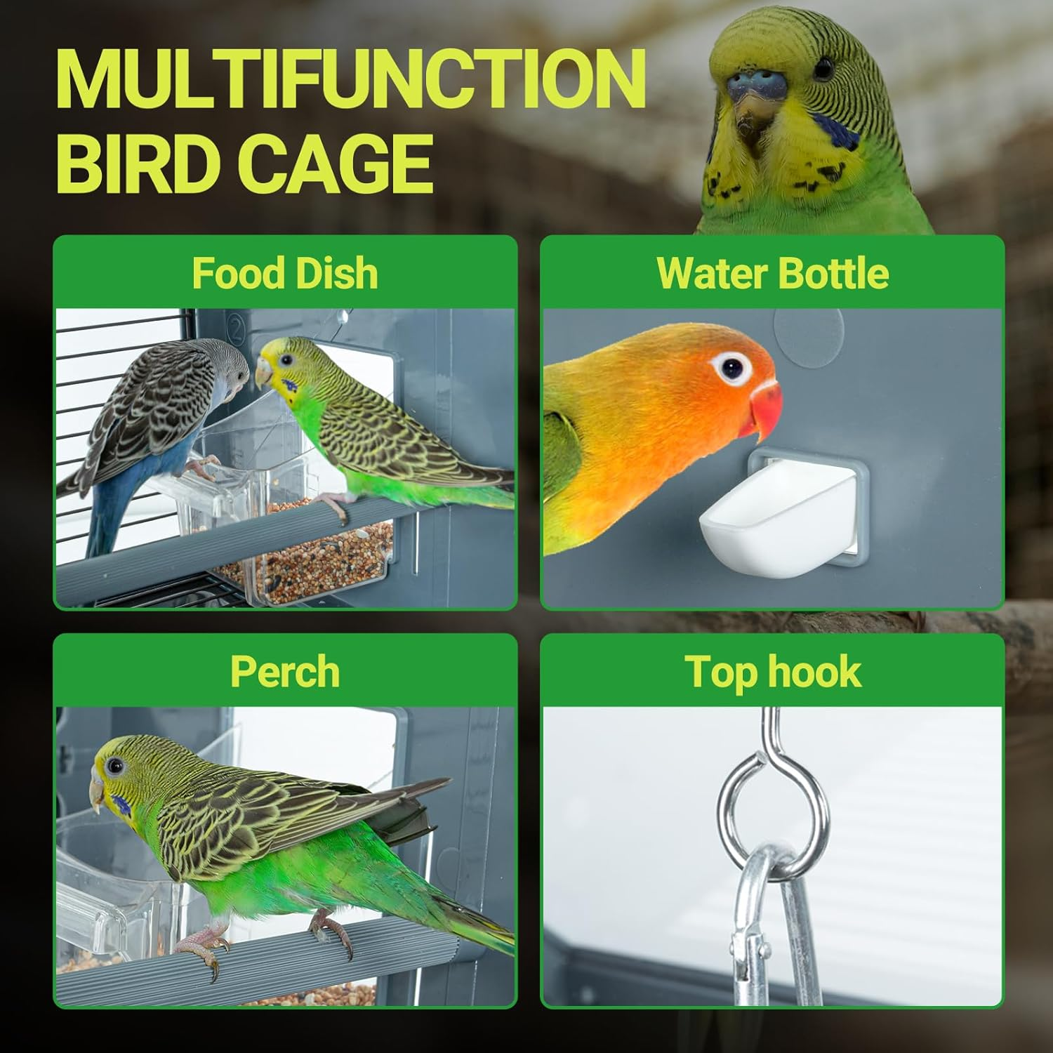 SUKEOPET Acrylic Bird Cage, 25 Inch Medium Rolling Birdcage with Water Bottle Bird Feeder Perch, Panoramic View Bird Cage for Conure Lovebird Parrot Parakeet Cockatiel image number 6