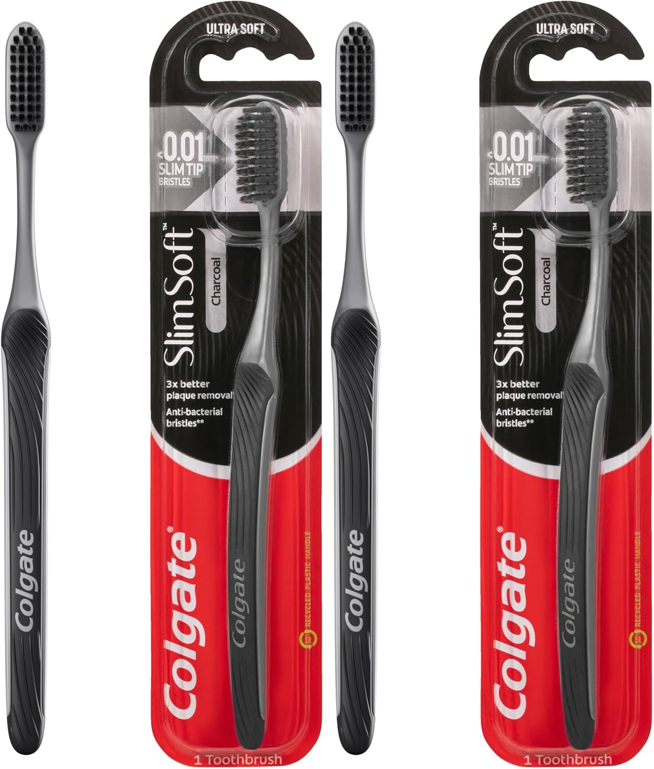 Colgate Slim Soft Charcoal Manual Toothbrush, 2 Pack, Soft with Slimmer Tip Charcoal Infused Bristles