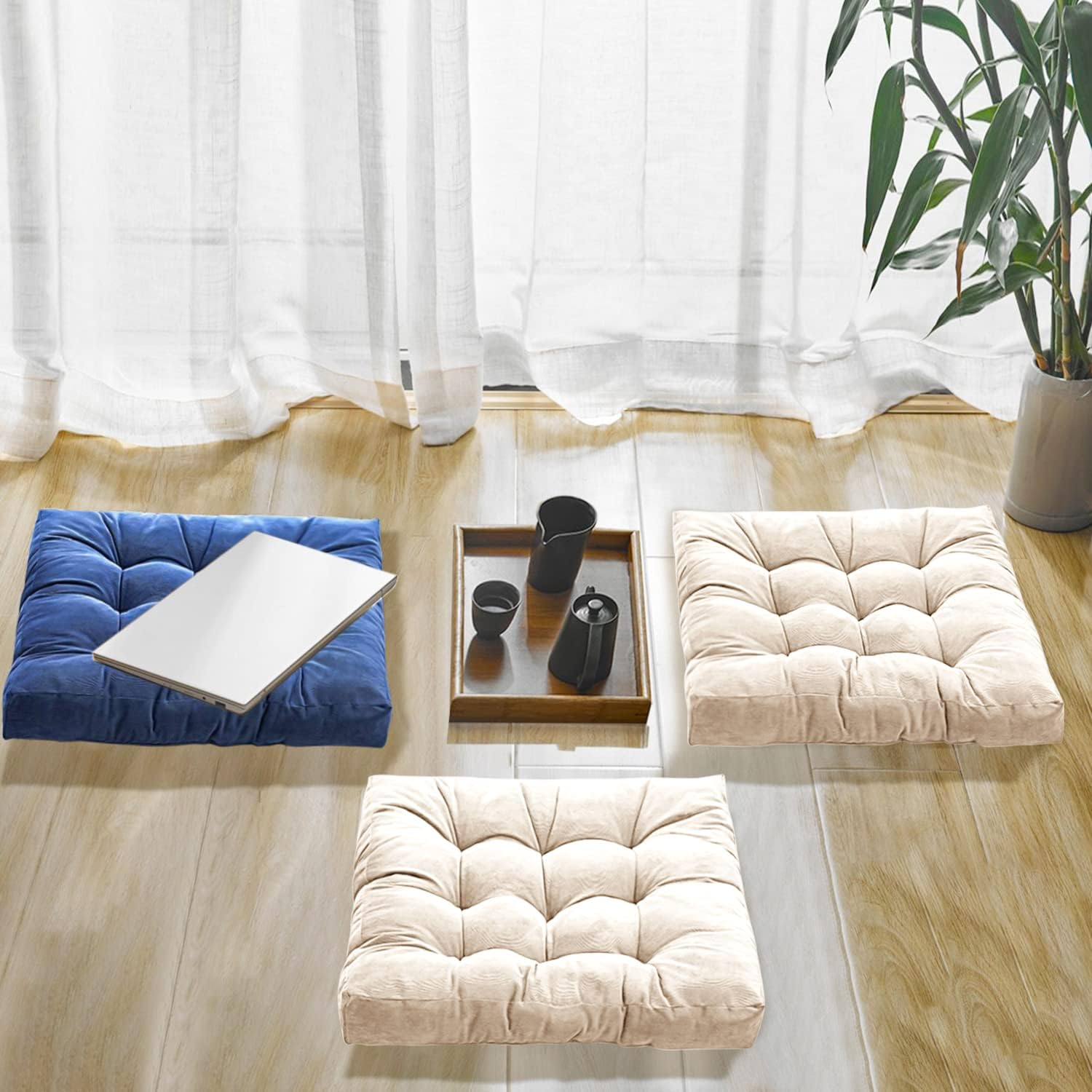 Floor Pillow, Square Meditation Cushion for Seating on Floor Solid Thick Tufted Seat Cushion Meditation Pillow for Yoga Living Room Bed Balcony Sofa Outdoor, Beige, Cushion 22X22 Inch - Darkgrey image number 4