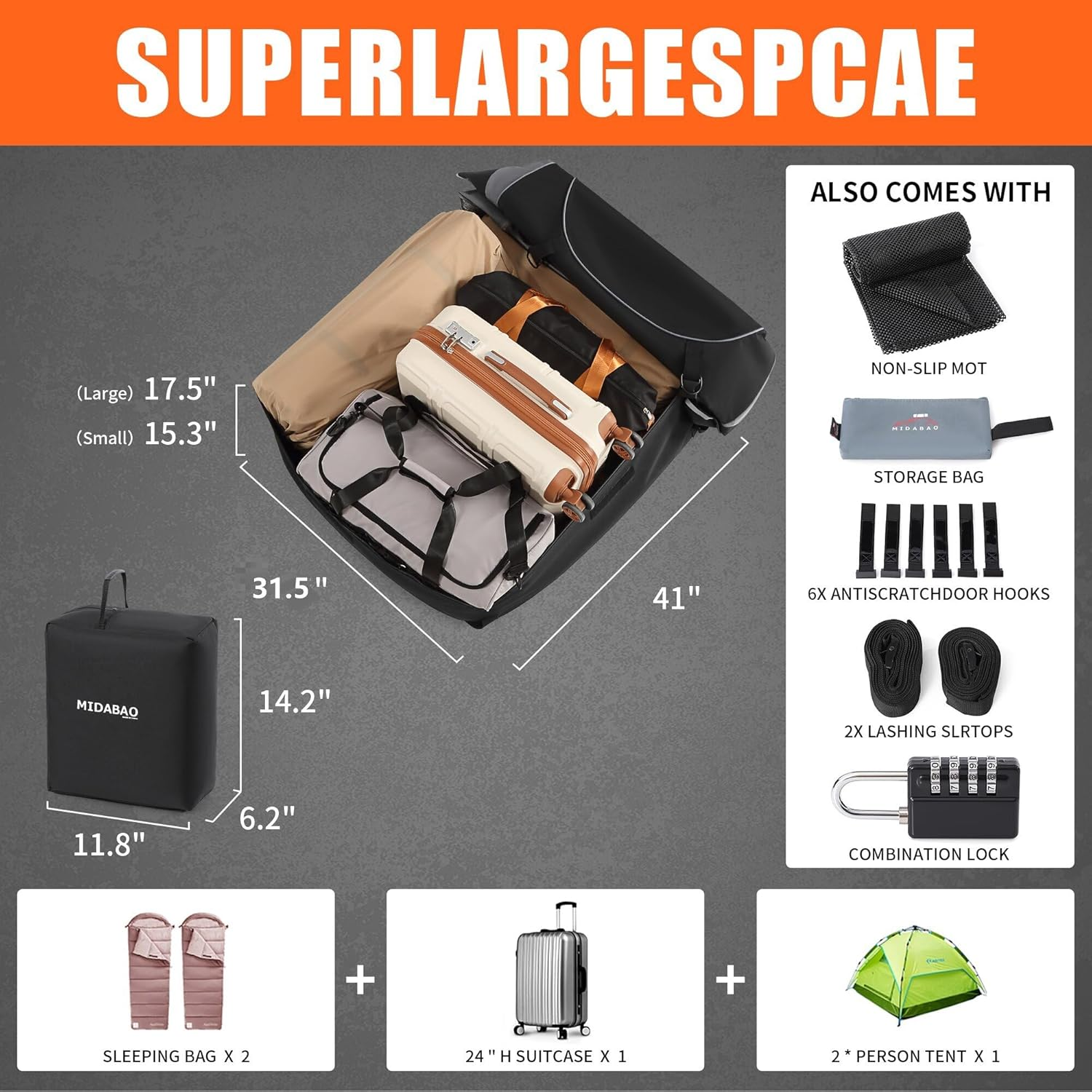 MIDABAO Waterproof Duty Car Roof Top Carrier-Car Cargo Roof Bag Car Roof Top Carrier - Waterproof & Coated Zippers- Includes Anti-Slip Mat- for Cars with or without Racks (12 Cubic Feet) image number 2