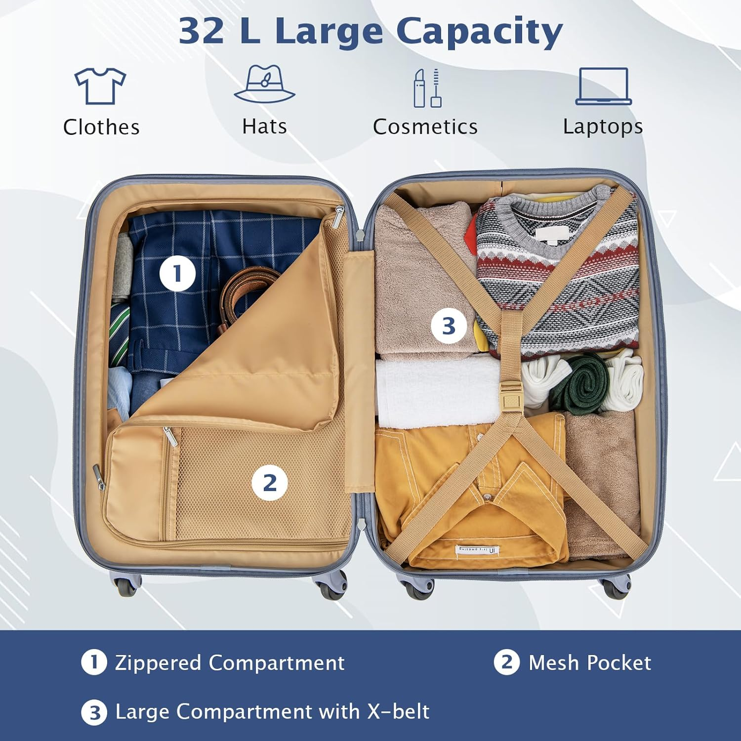 Costway Hard-Side Luggage with Spinner Wheels, 20" Carry-On Luggage with Customs Lock, Height Adjustable Handle, 100% PC Hard-Shell, Airline Approved Lightweight Luggage for Travel & Business (Blue) image number 4