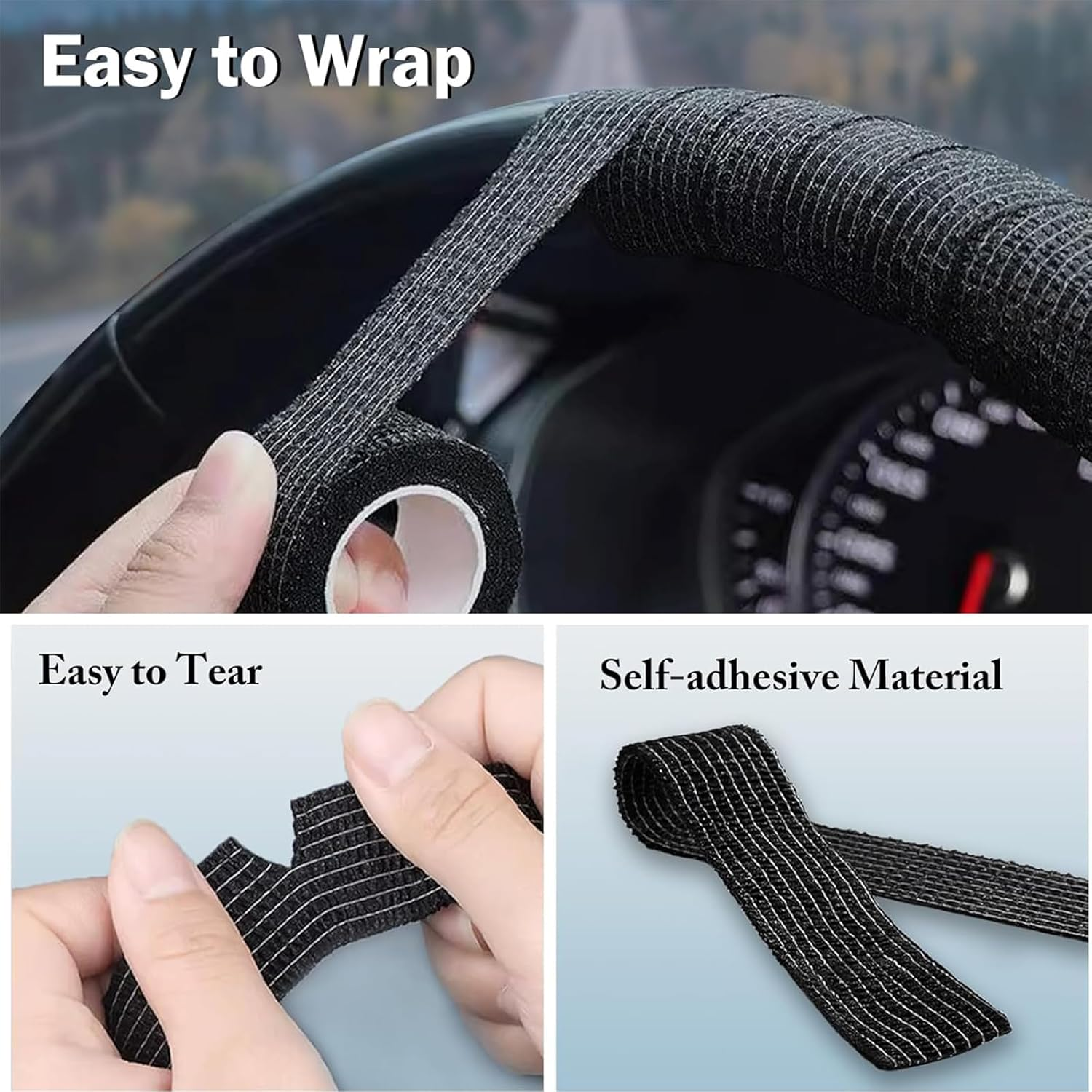 2 Rolls Steering Wheel Cover Tape, Universal Non-Slip Sweat Absorbent Wrap for Cars & Trucks, Breathable Elastic Tape for O/D-Shaped Steering Wheels (35.6-45.7 CM Diameter), Black image number 6