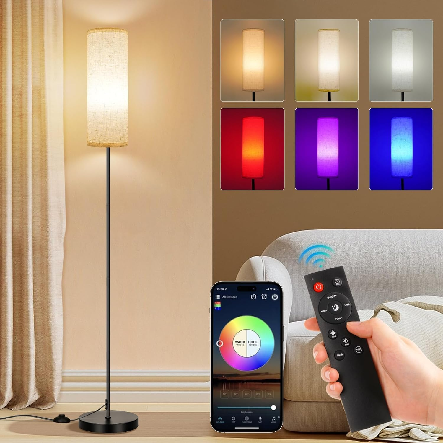 Floor Lamp 173Cm, RGB Smart LED Corner Lamps with Dimmable LED and 3 Color Temperatures, Remote & App Control, Tall Standing Lamp for Living Room Bedroom Office image number 6