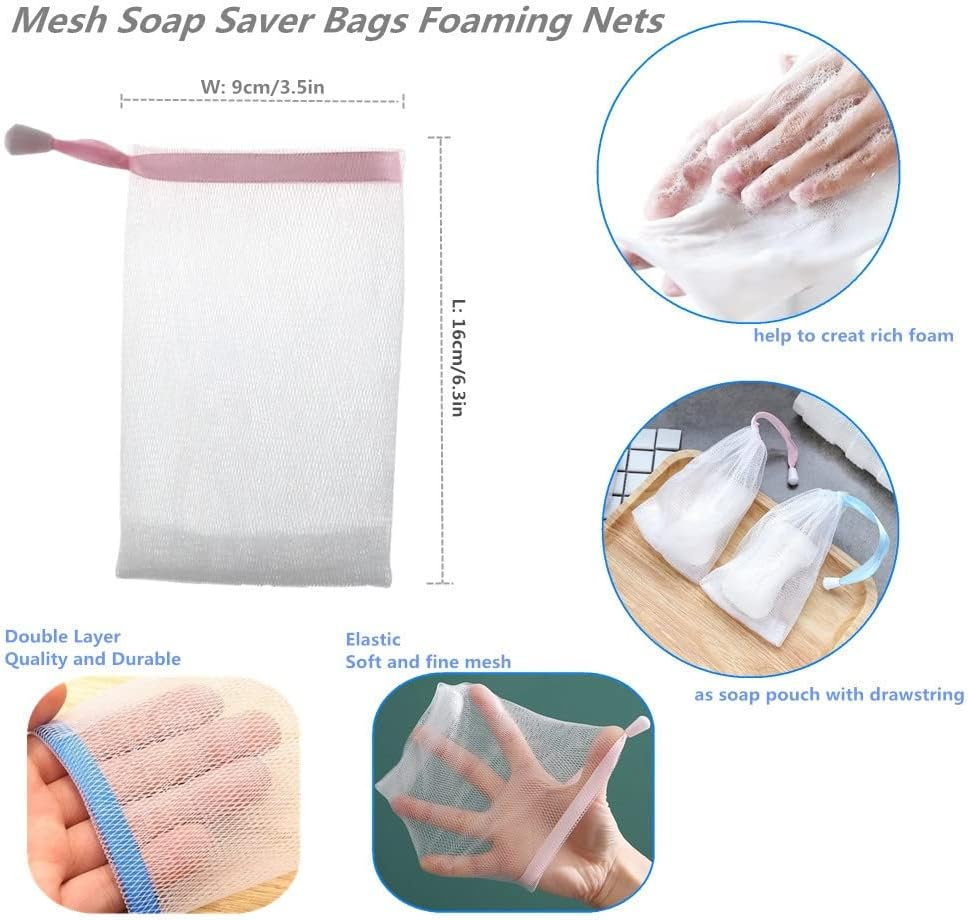 FULINJOY 10 PCS Exfoliating Mesh Soap Saver Pouch Bag Sack, Face Cleansing Foaming Nets, White Pouch with Drawstring (Color Random) image number 2