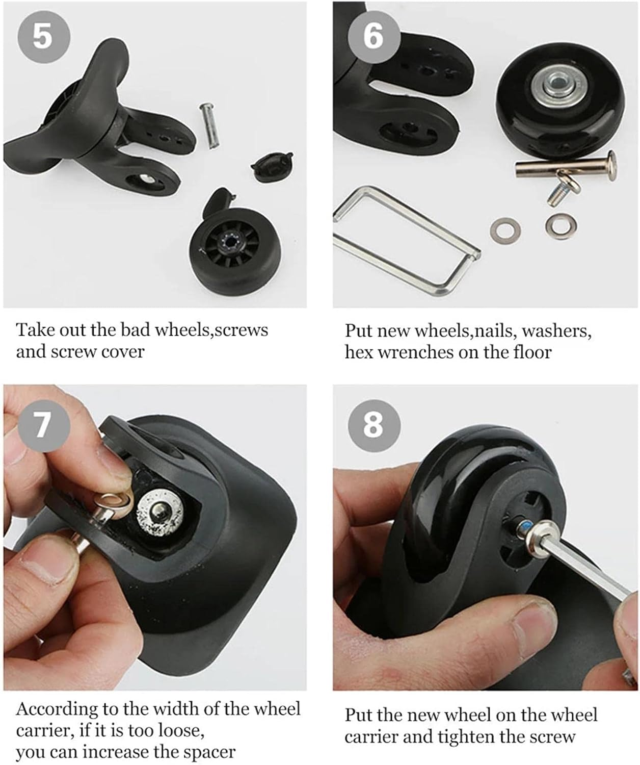 Eigell Luggage Suitcase Replacement Wheels, Rubber Swivel Caster Wheels Bearings Repair Kits, Set of 2, Black - 60X24Mm image number 6