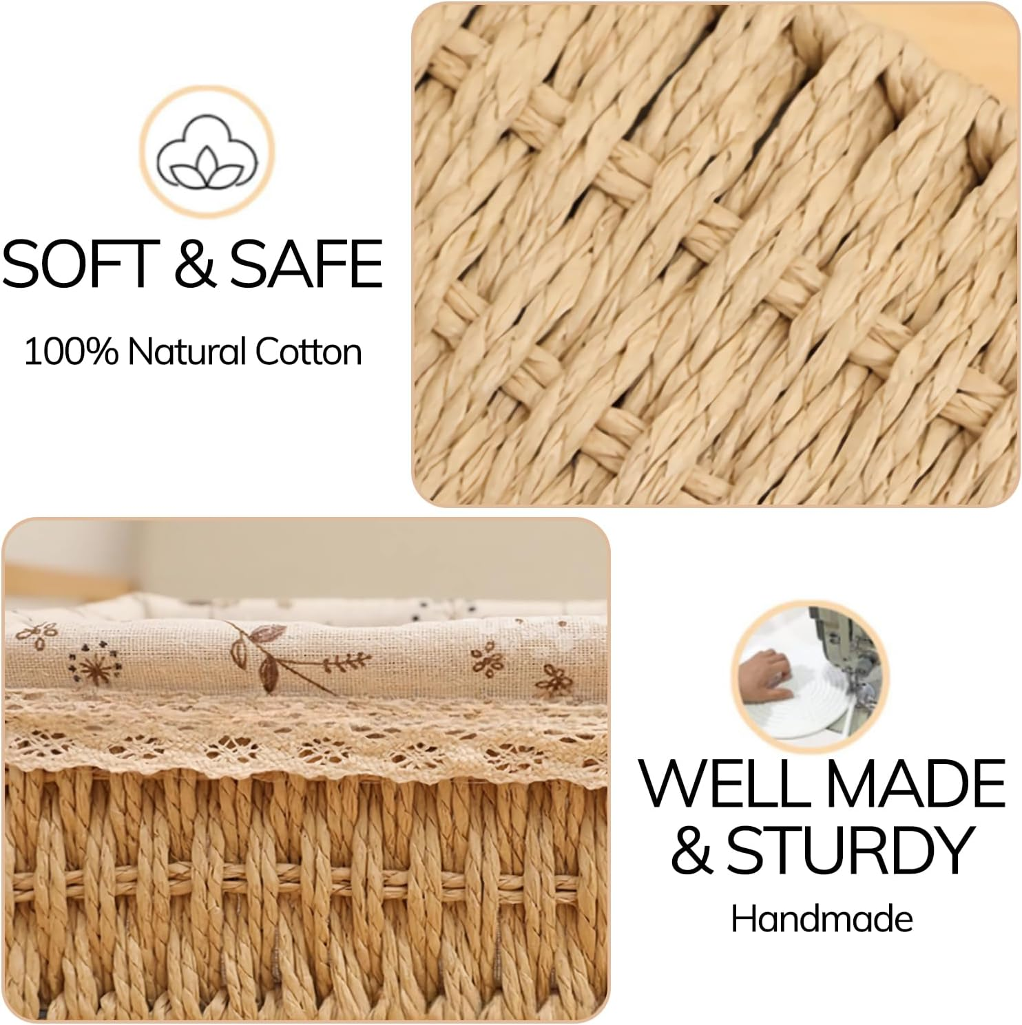 Uandhome Storage Basket Set,3 Pcs Wicker Baskets with Removable Liner for Organizing Storage Baskets for Shelves Woven Basket Decorative Basket Rectangle Basket (Square) image number 4