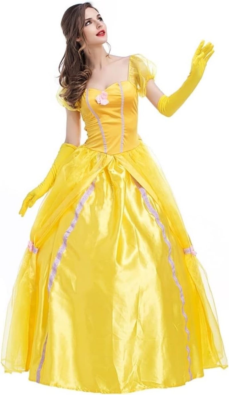 Costume Bay Womens Yellow Princess Dress Costume Satin Dress Gloves Halloween Cosplay Fantasy Ball Gown Yellow Royal Elegant Outfit Set image number 2